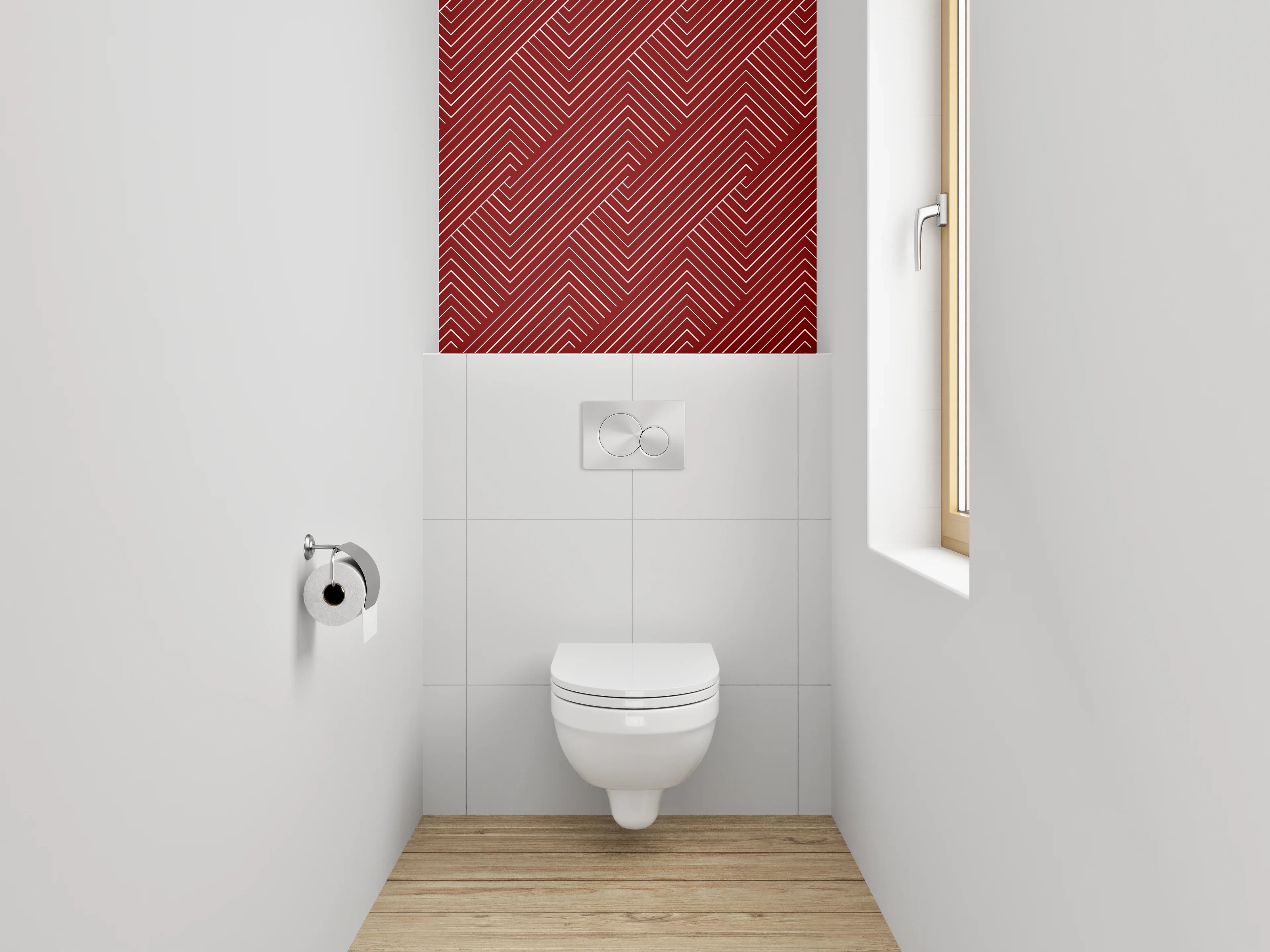 WC-Rückwand - Geometrisches Linienmuster in Rot-Weiß
