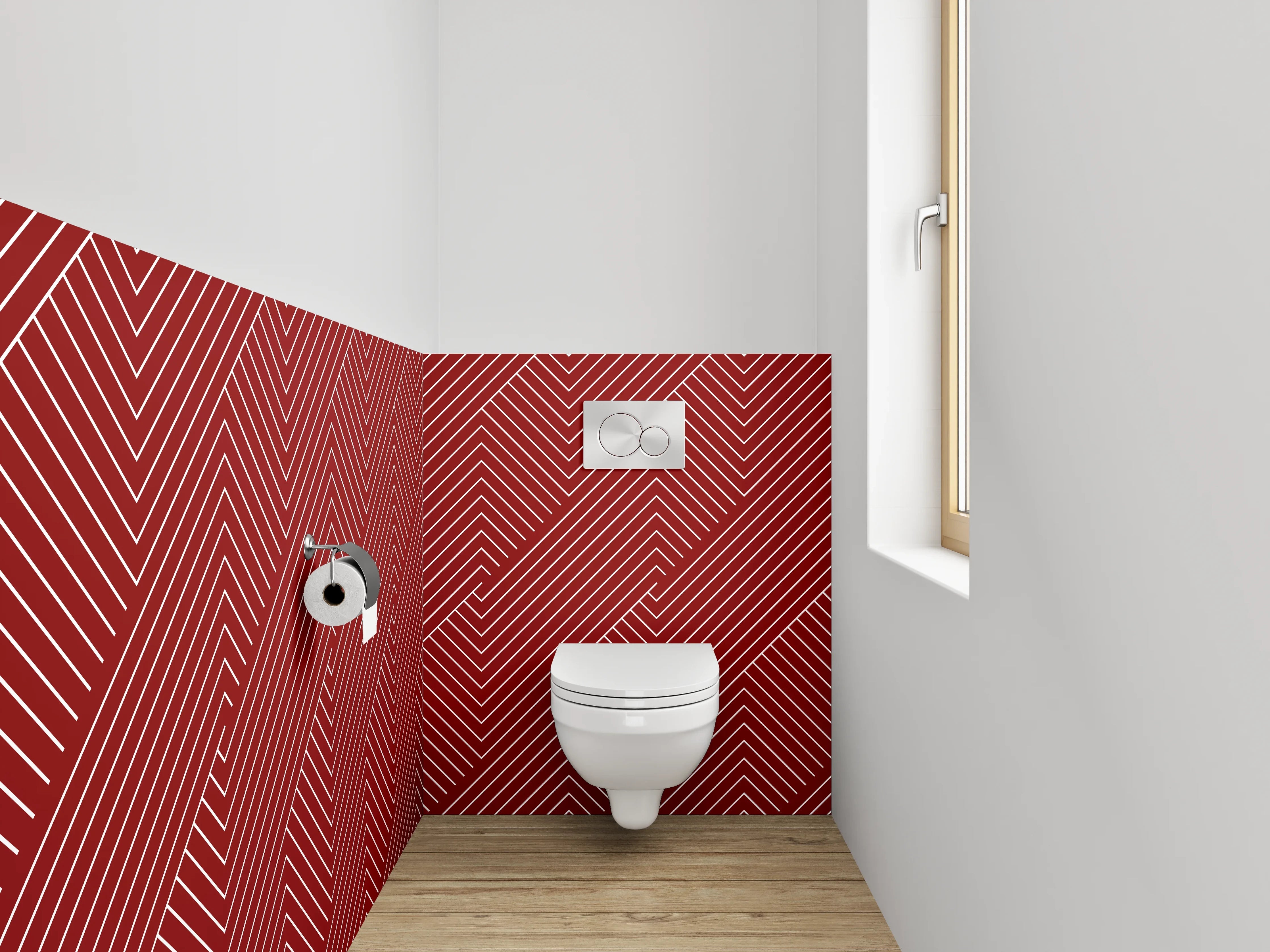 WC-Rückwand - Geometrisches Linienmuster in Rot-Weiß