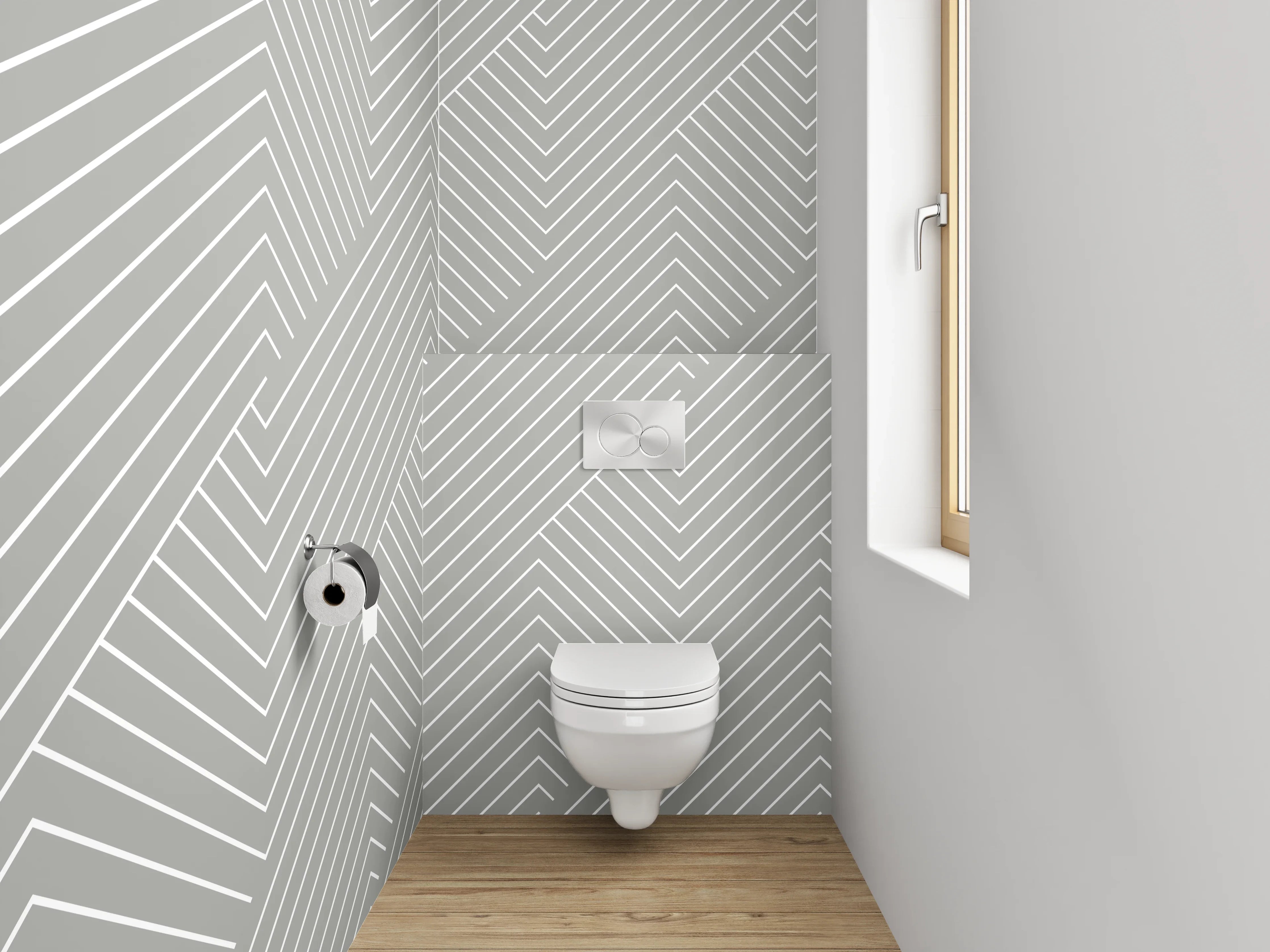 WC-Rückwand - Geometrisches Linienmuster in Weiß und Grau