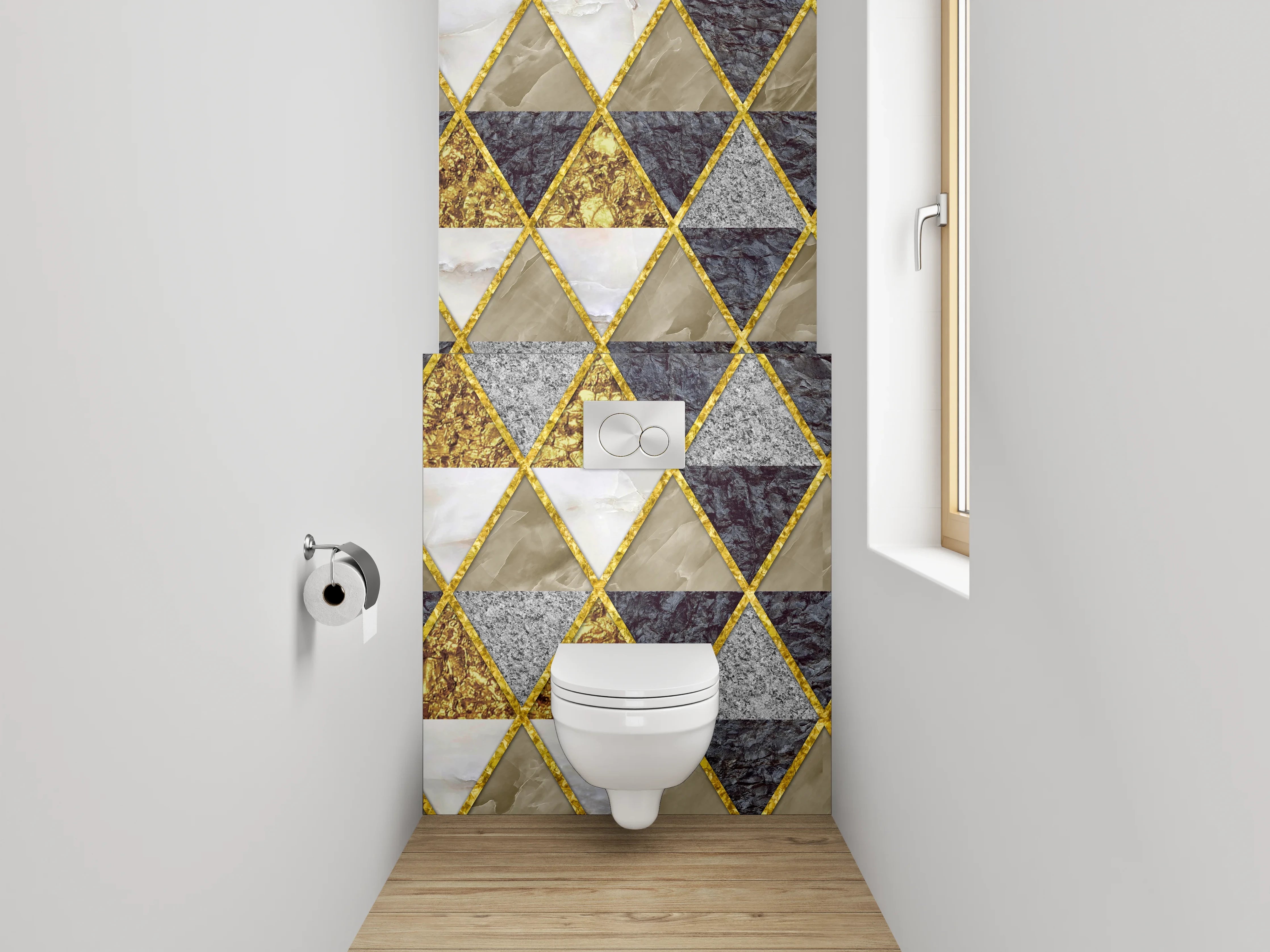 WC-Rückwand - Geometrisches Marmor-Gold-Dreiecksmuster