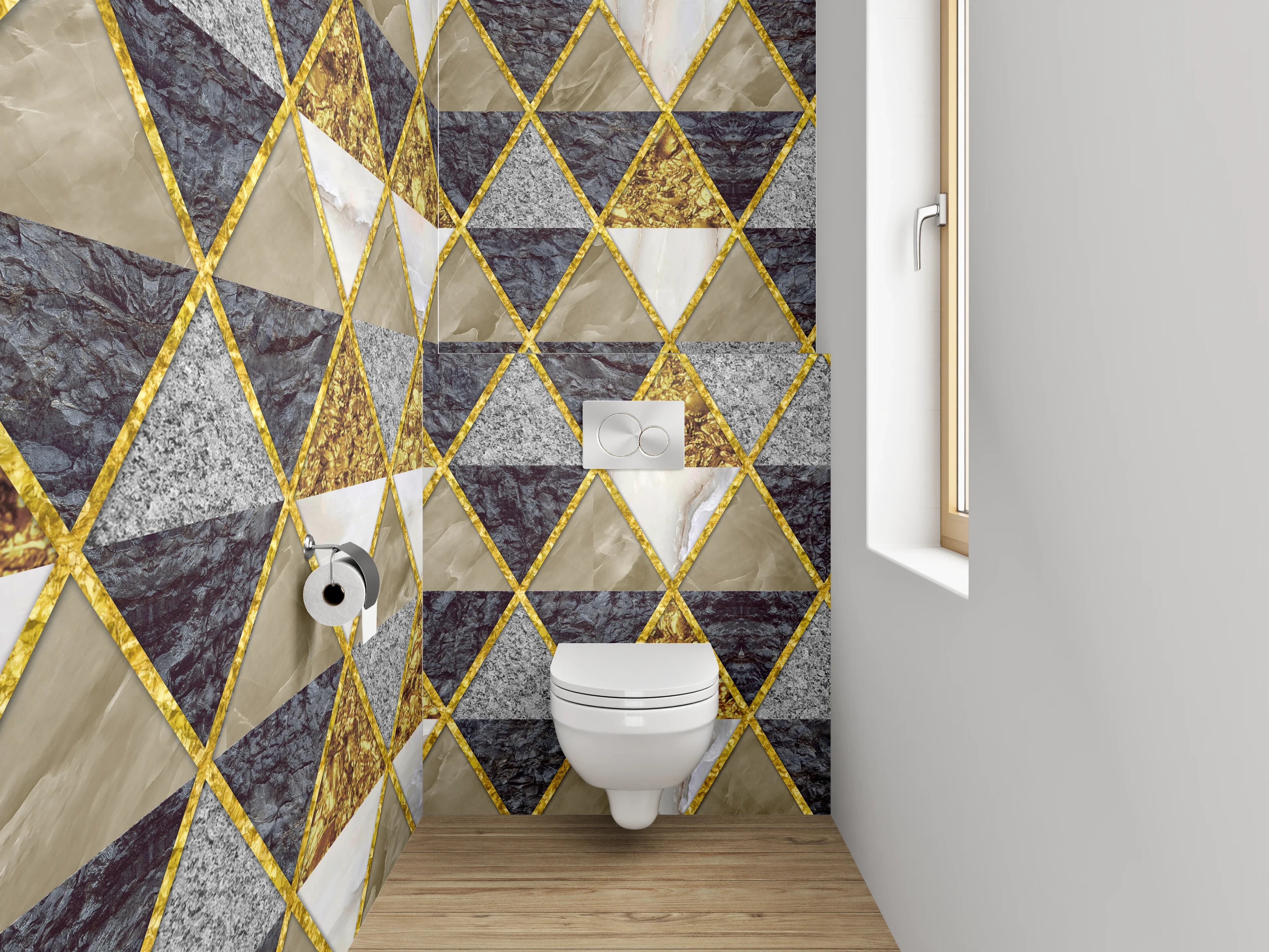 WC-Rückwand - Geometrisches Marmor-Gold-Dreiecksmuster