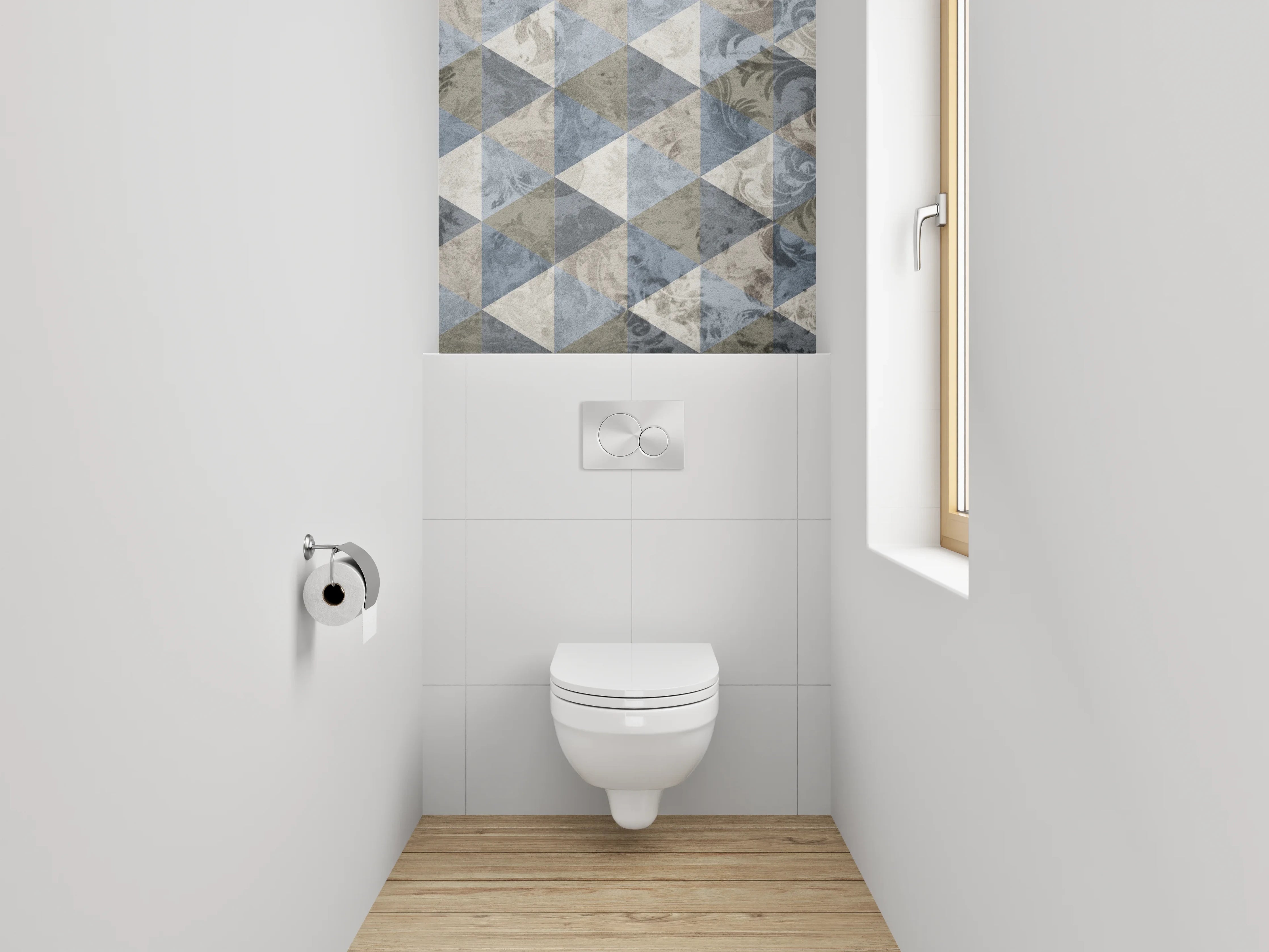 WC-Rückwand - Geometrisches Mosaik in Blau und Beige