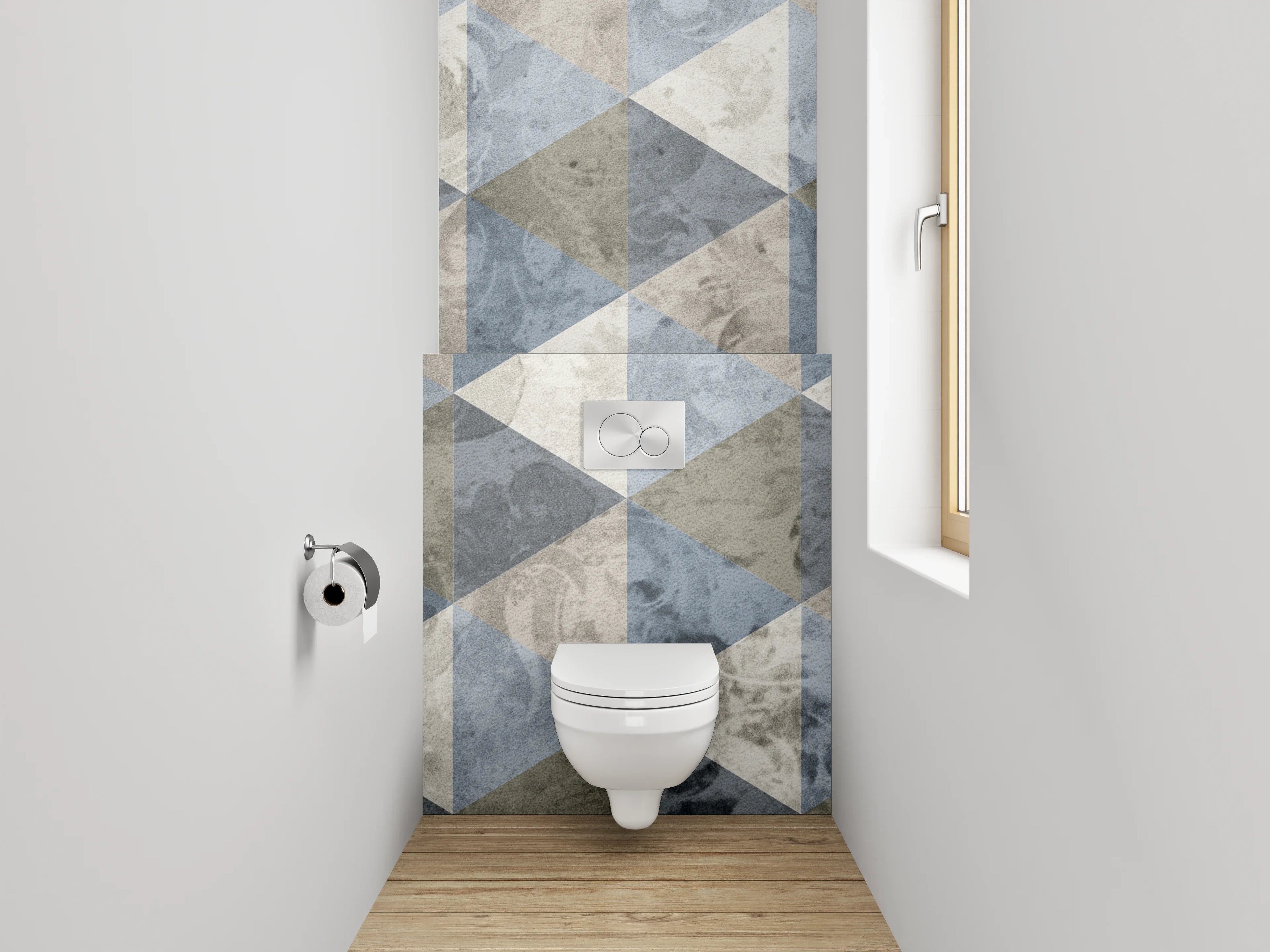 WC-Rückwand - Geometrisches Mosaik in Blau und Beige