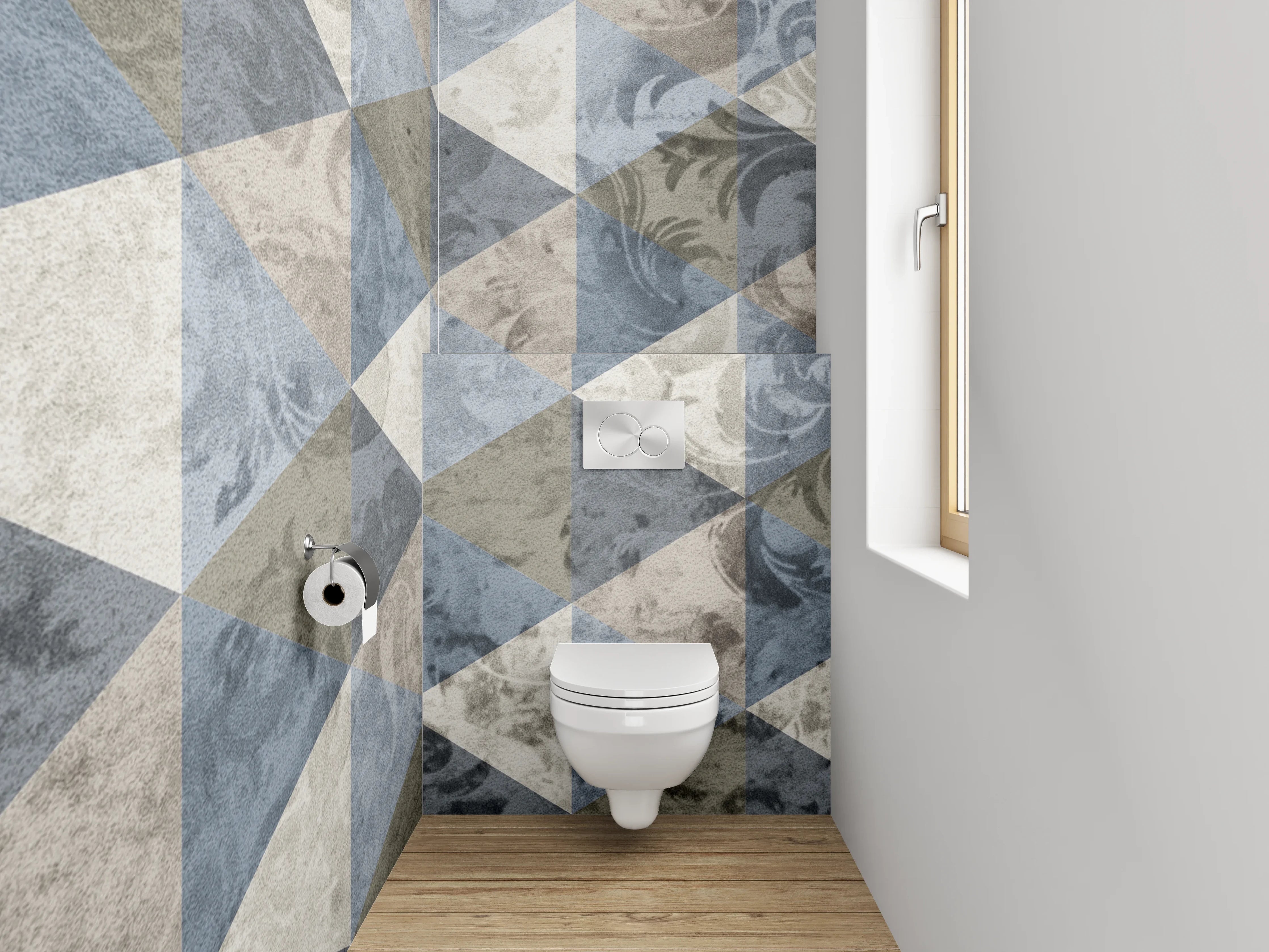 WC-Rückwand - Geometrisches Mosaik in Blau und Beige