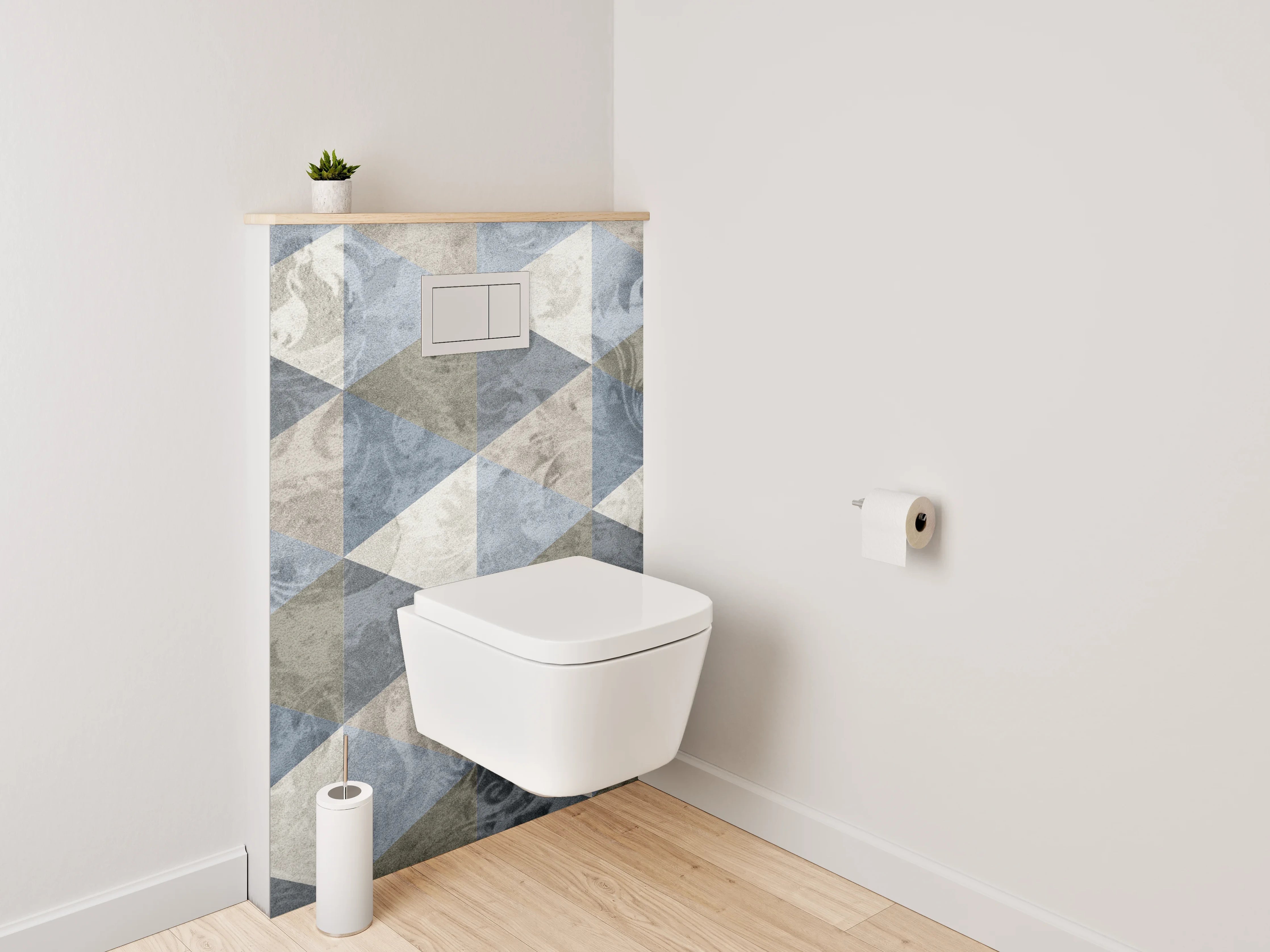WC-Rückwand - Geometrisches Mosaik in Blau und Beige