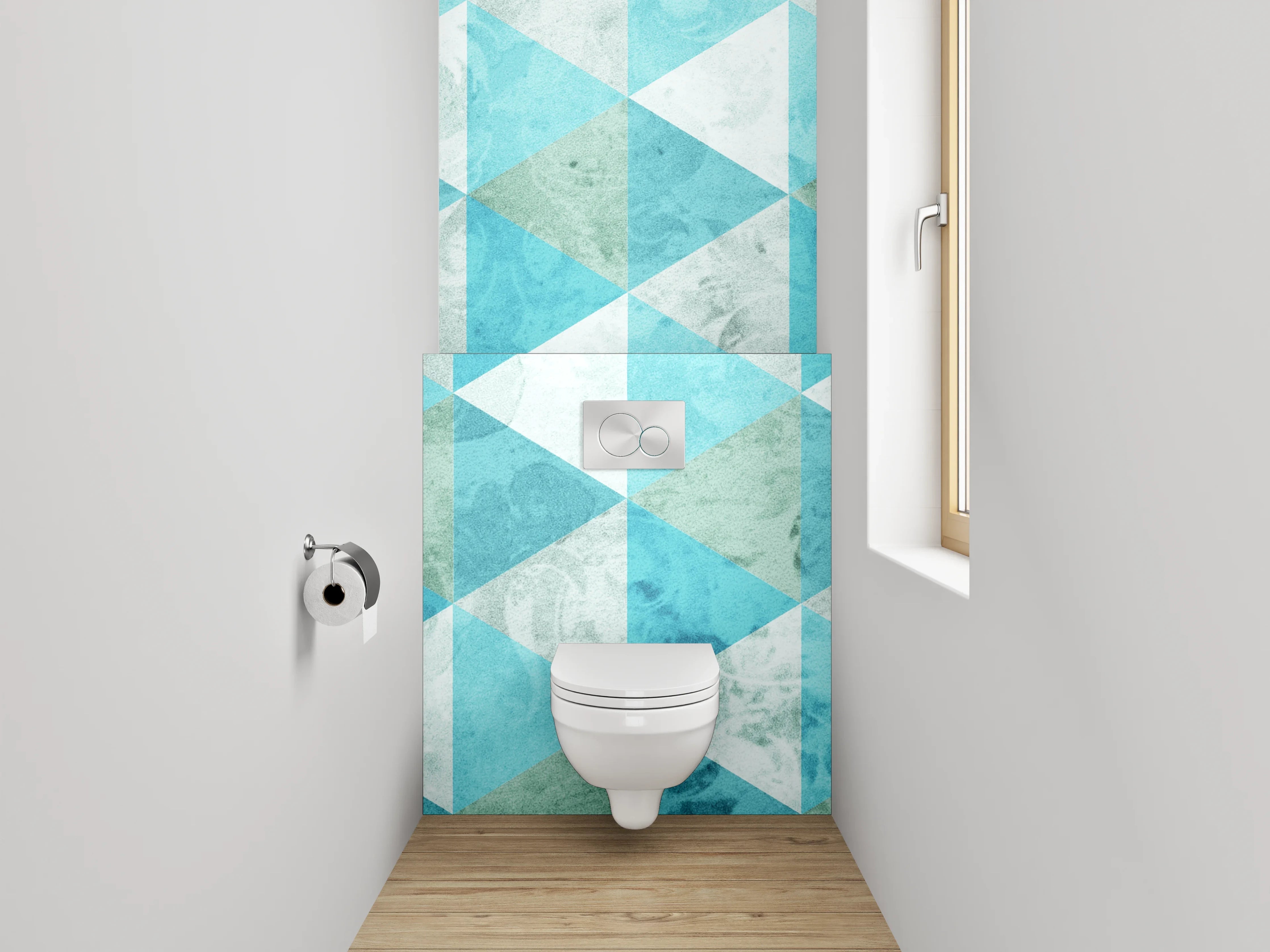 WC-Rückwand - Geometrisches Mosaik in Türkis und Weiß