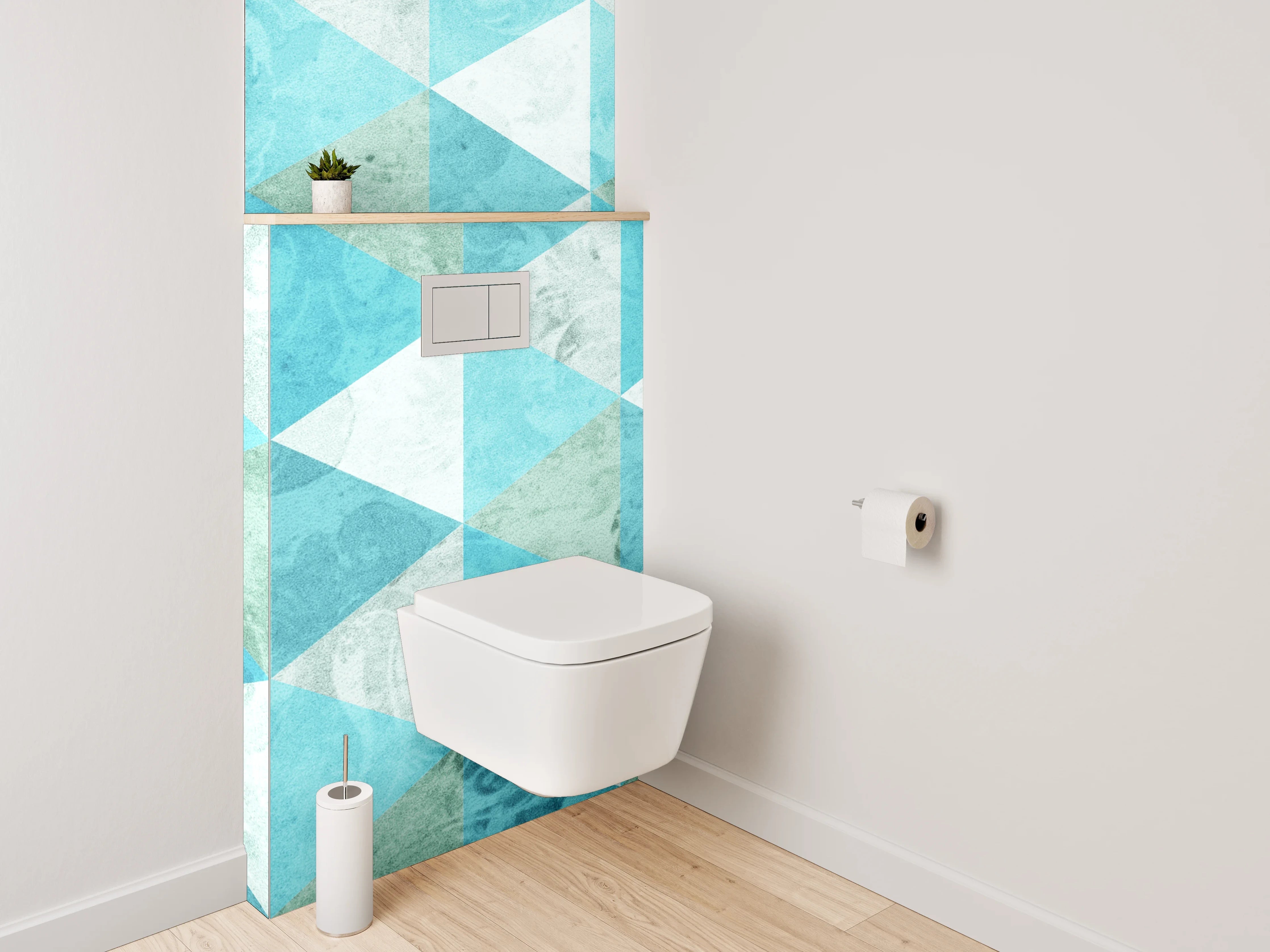WC-Rückwand - Geometrisches Mosaik in Türkis und Weiß