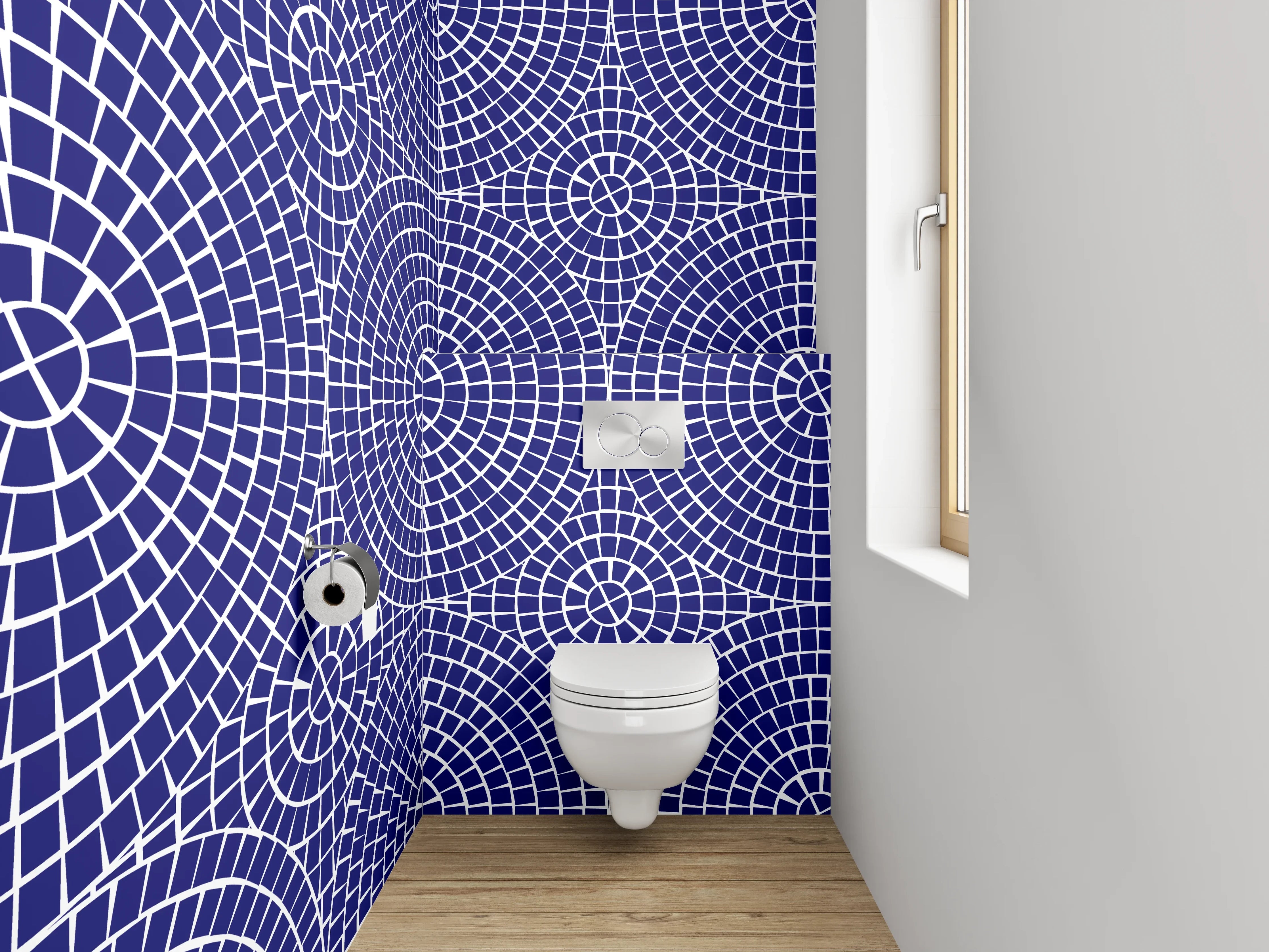 WC-Rückwand - Geometrisches Muster Blau Weiß