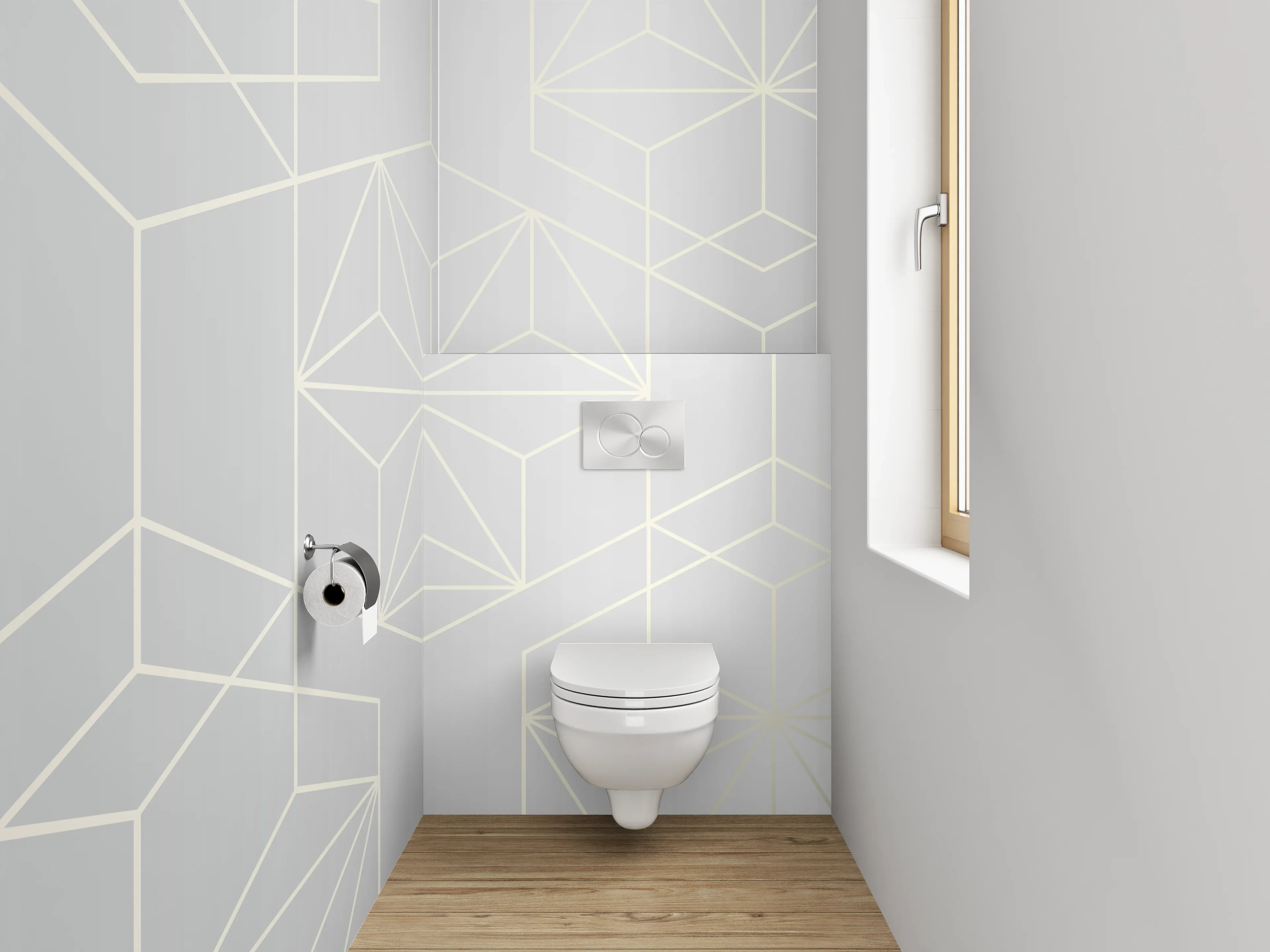 WC-Rückwand - Geometrisches Muster Weiß Grau Gold