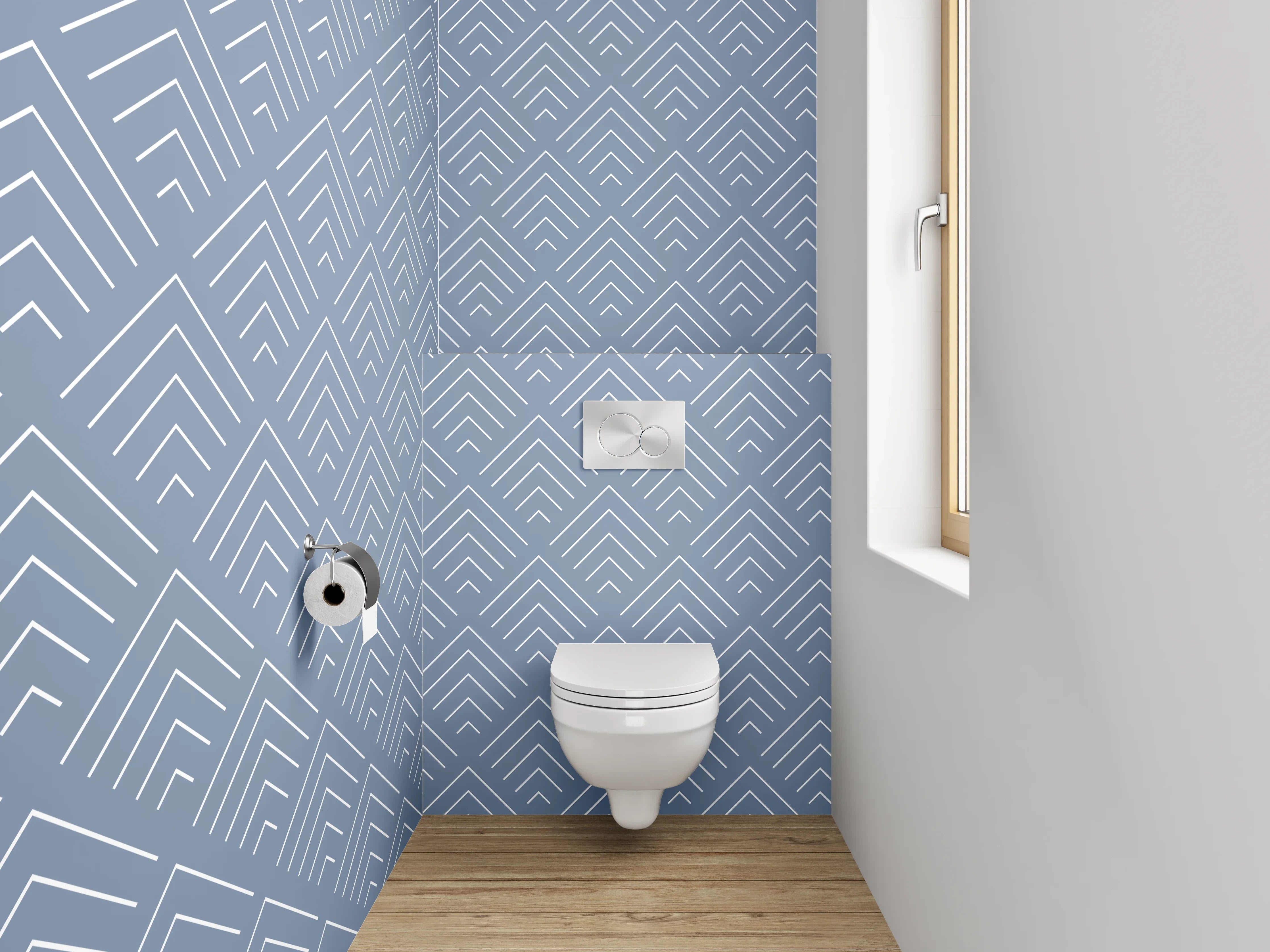 WC-Rückwand - Geometrisches Muster in Blau-Grau
