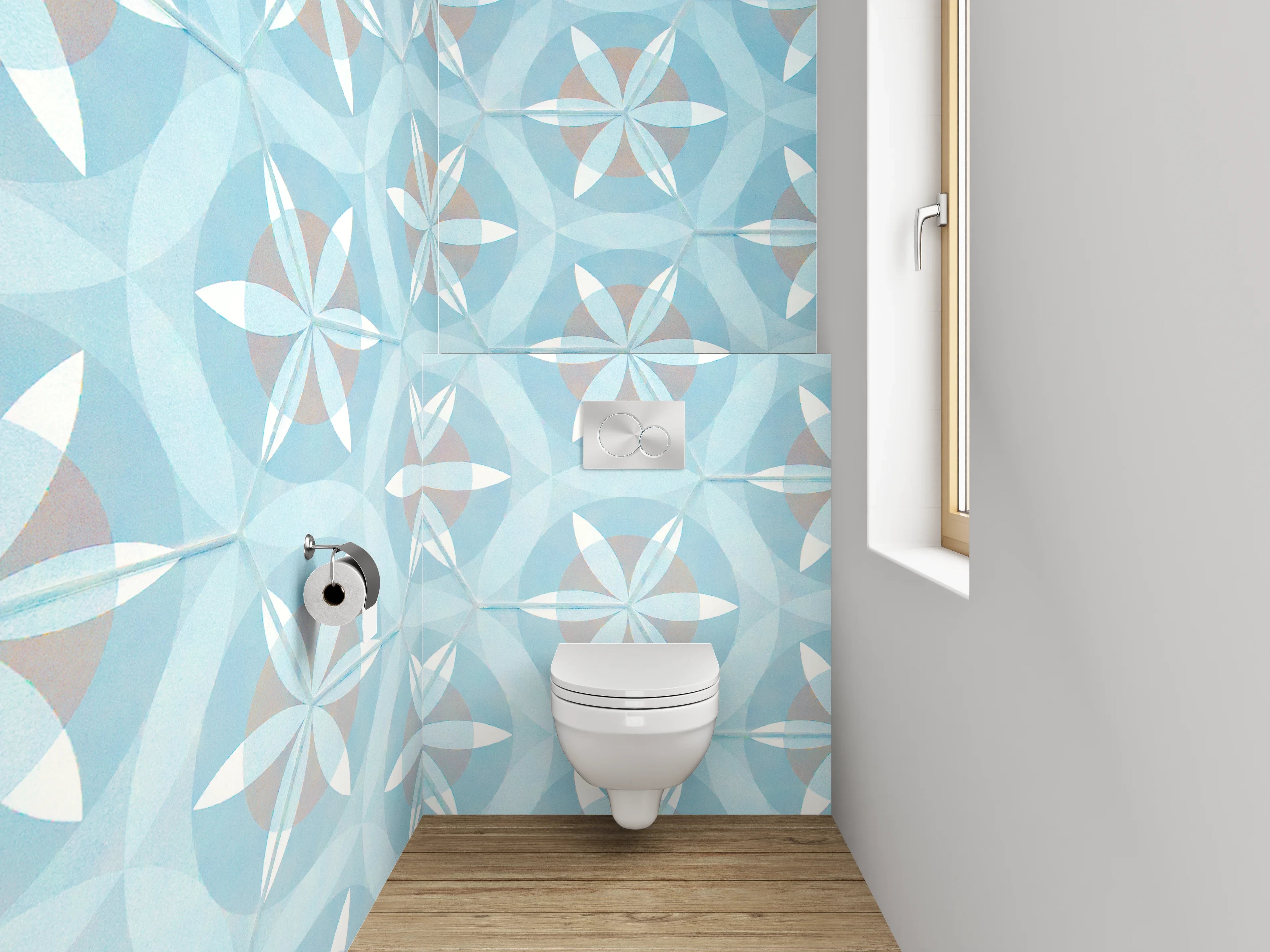 WC-Rückwand - Geometrisches Muster in Eisblau
