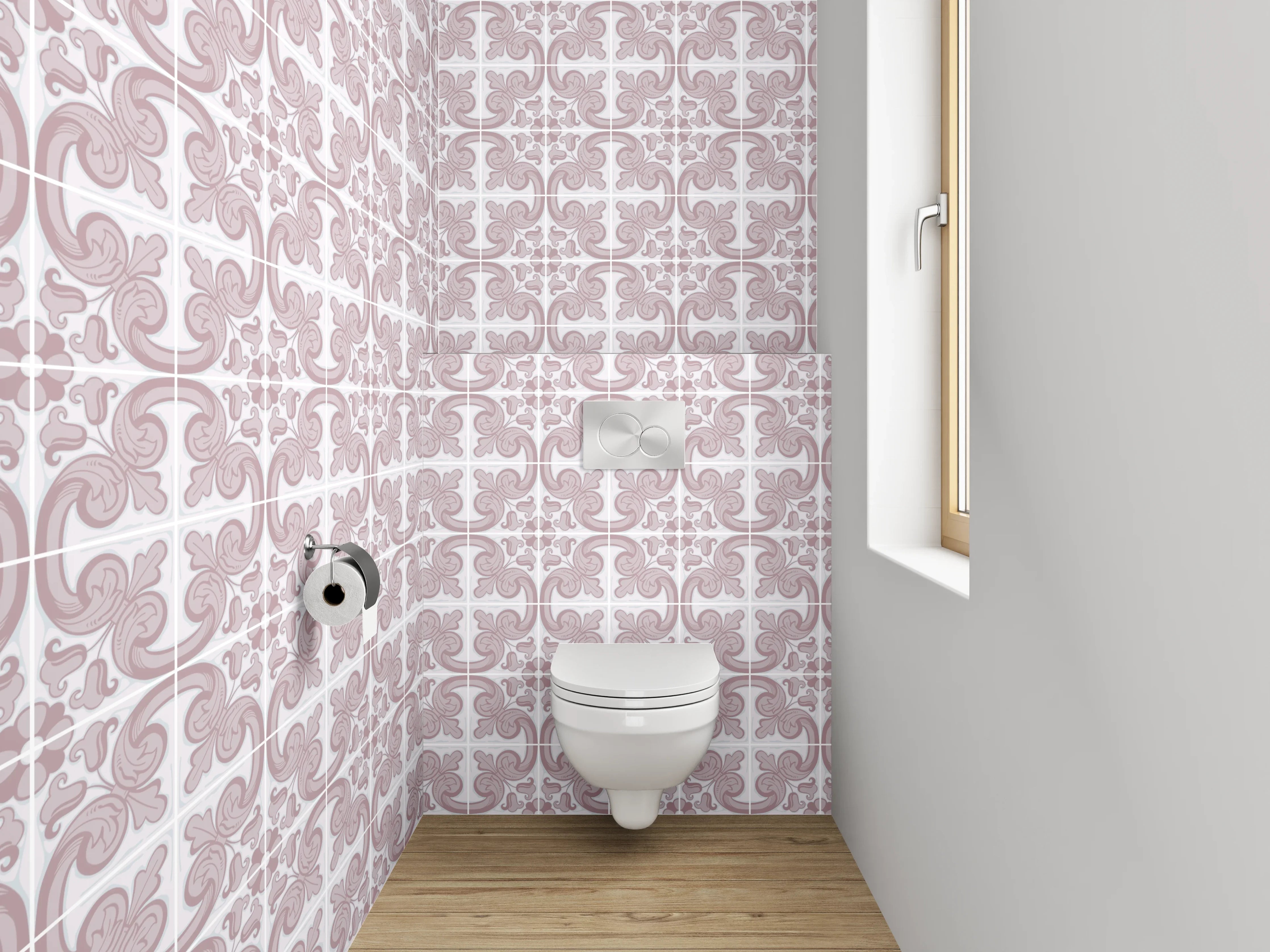 WC-Rückwand - Geometrisches Muster in Rosa und Weiß