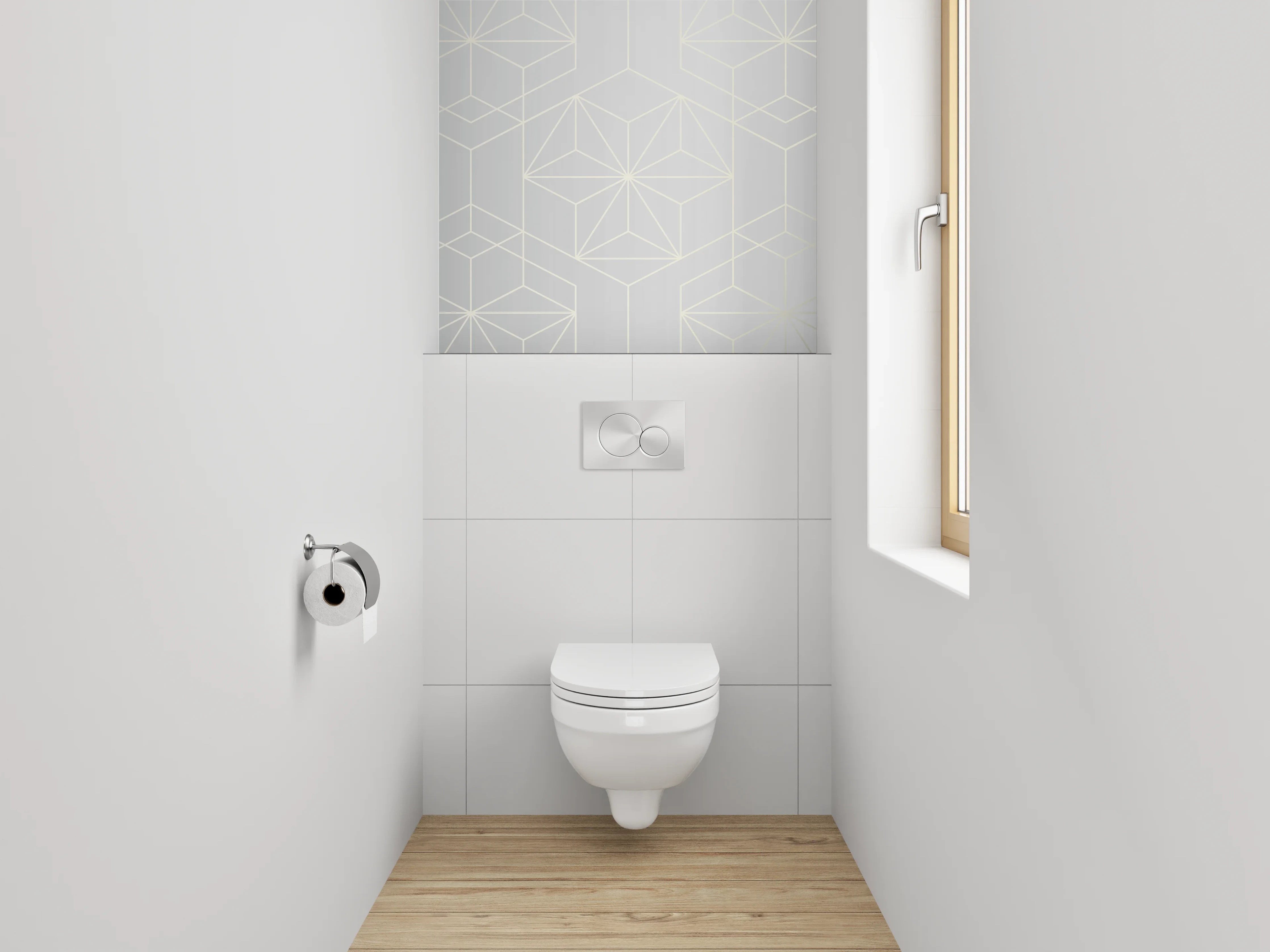 WC-Rückwand - Geometrisches Muster in Weiß und Silber