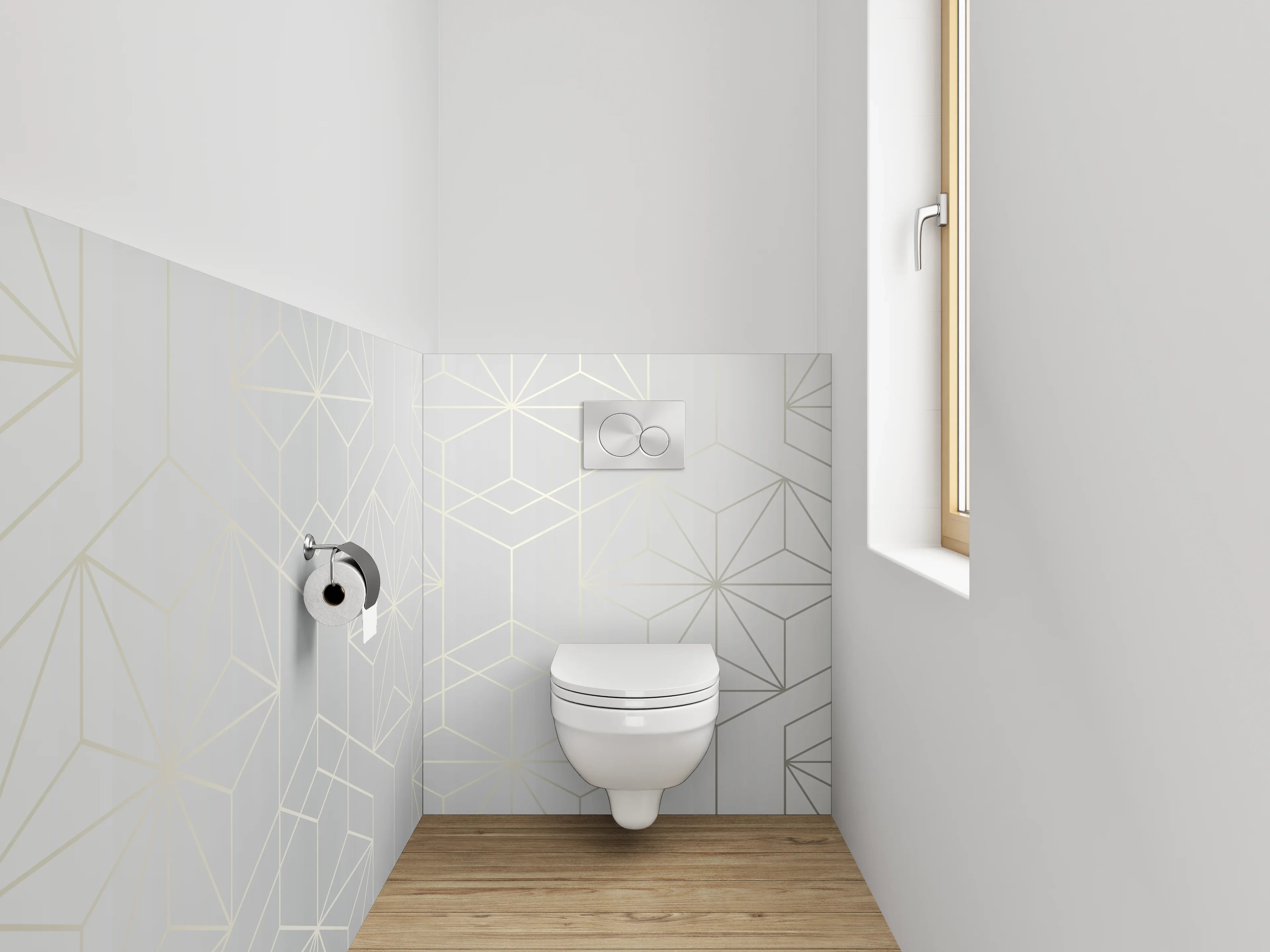WC-Rückwand - Geometrisches Muster in Weiß und Silber