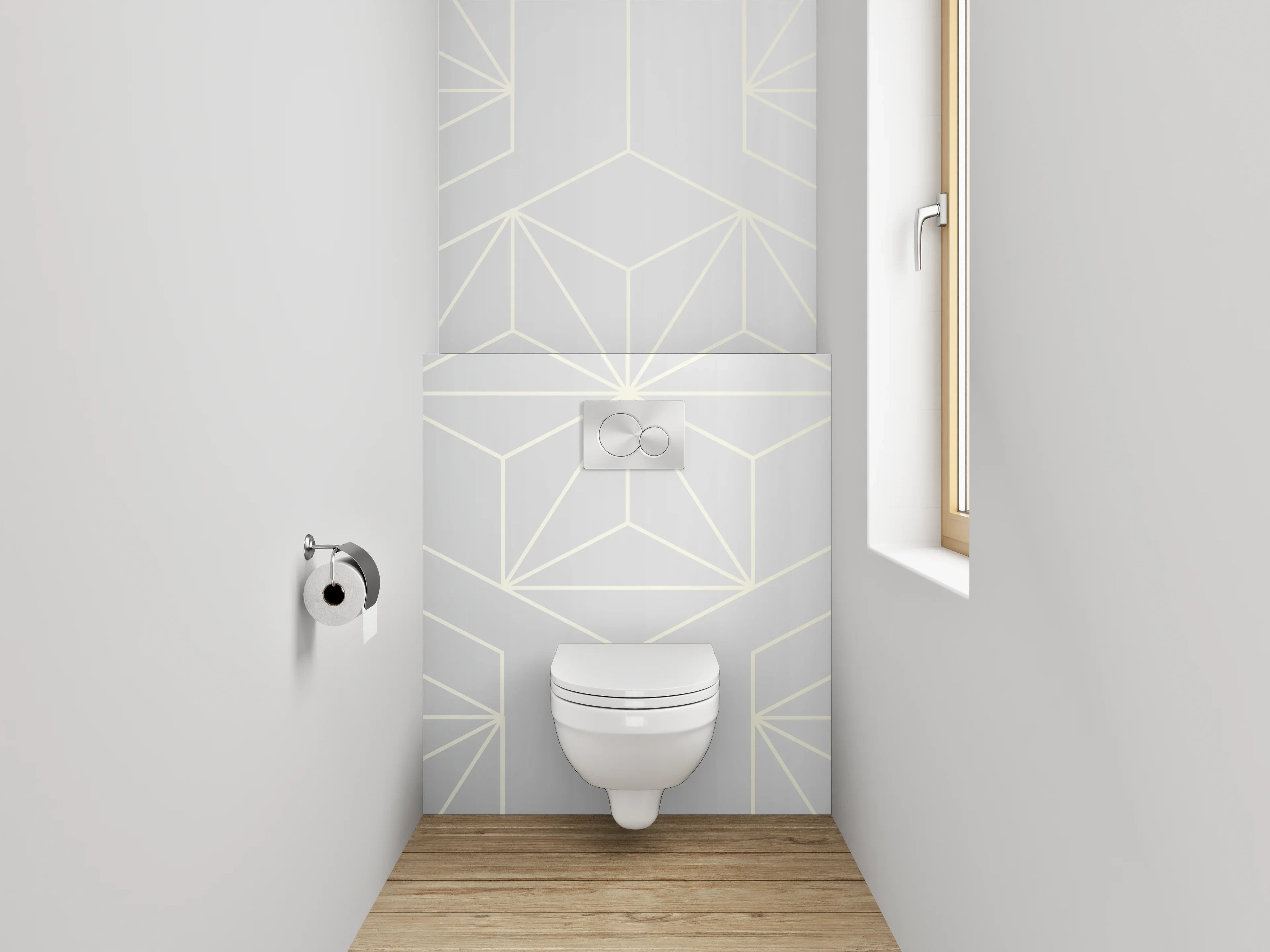 WC-Rückwand - Geometrisches Muster in Weiß und Silber