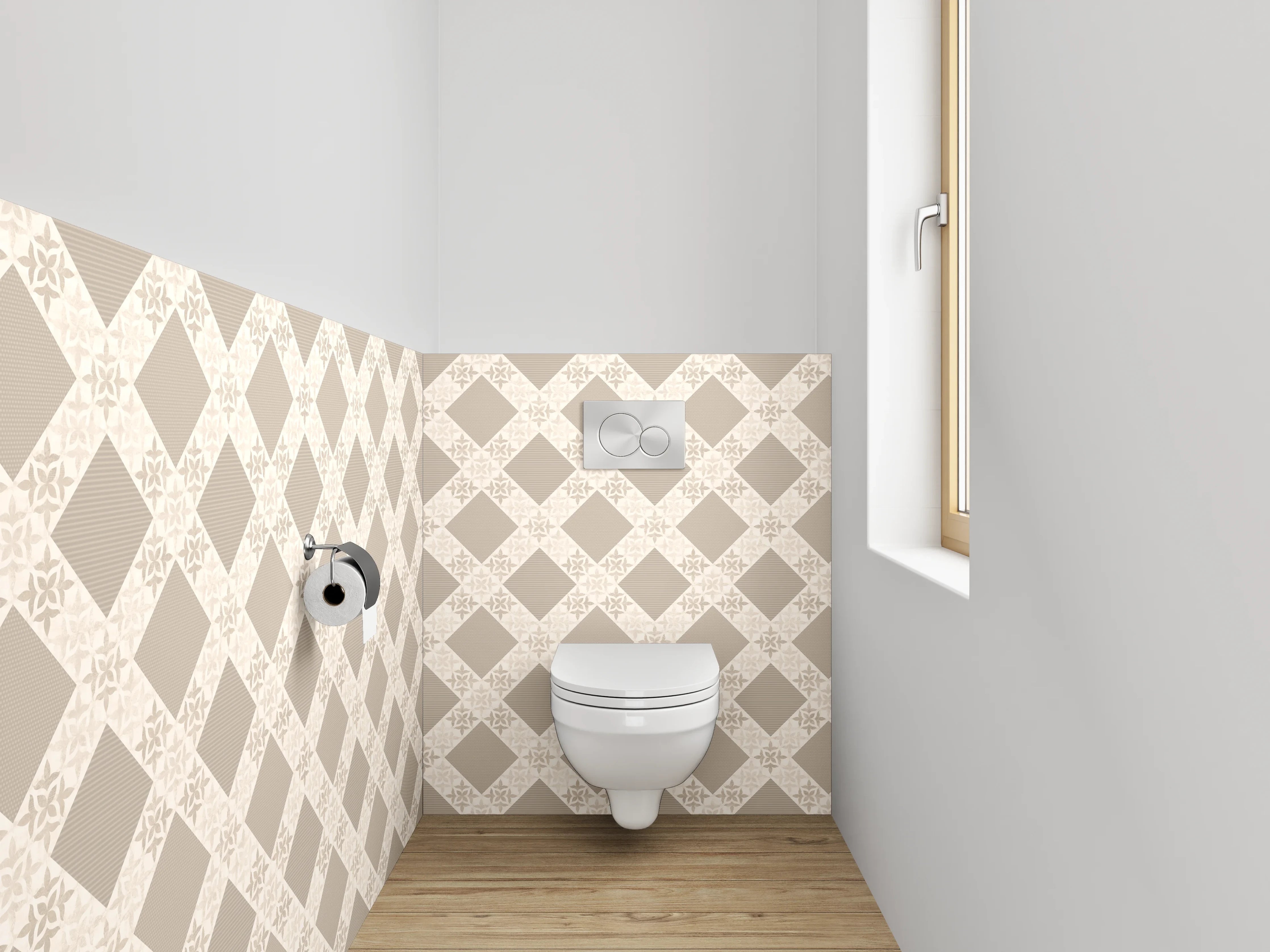 WC-Rückwand - Geometrisches Rautenmuster in Beige und Braun