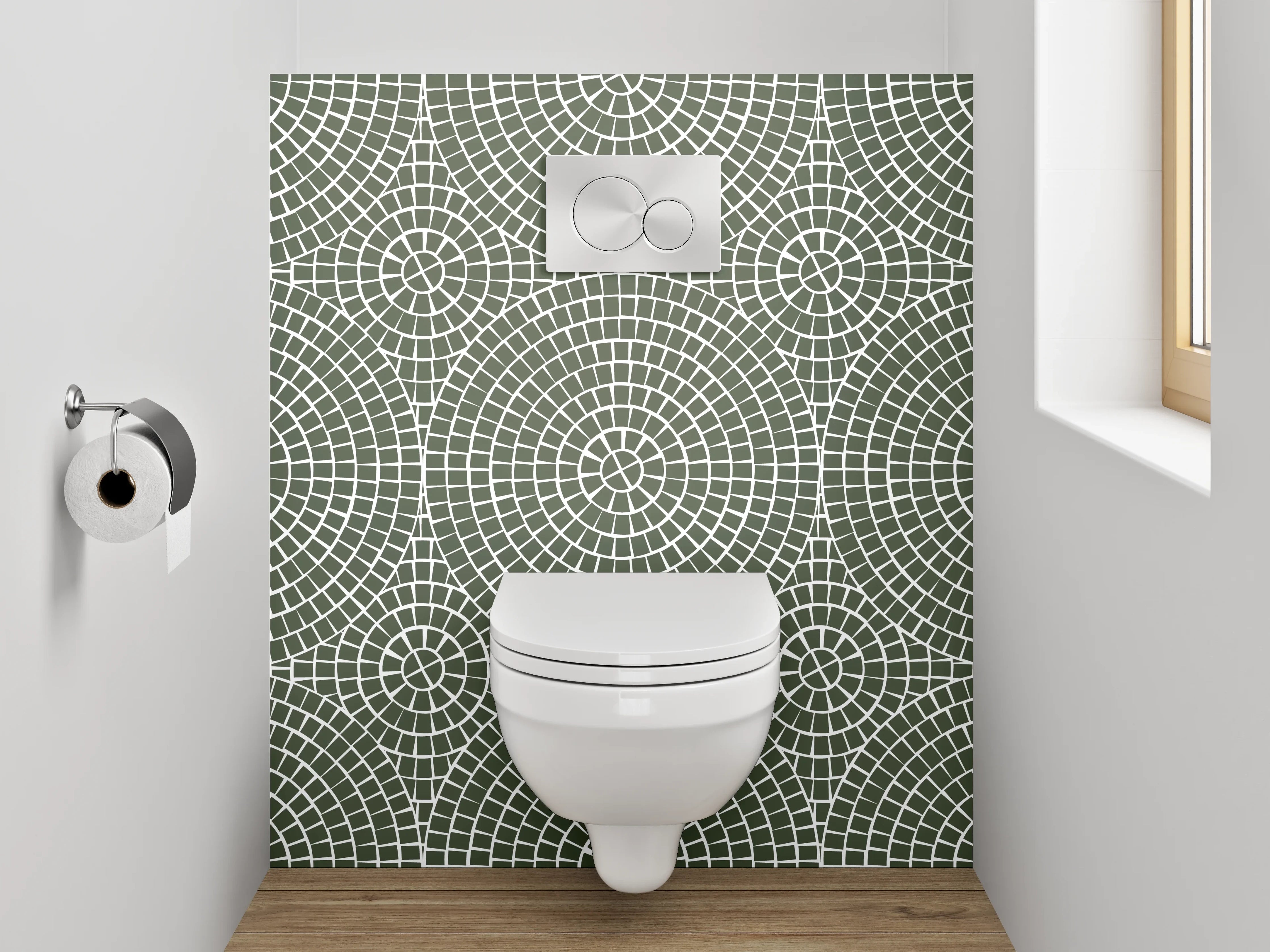 WC-Rückwand - Geometrisches Retro-Kreismuster Grau Weiß
