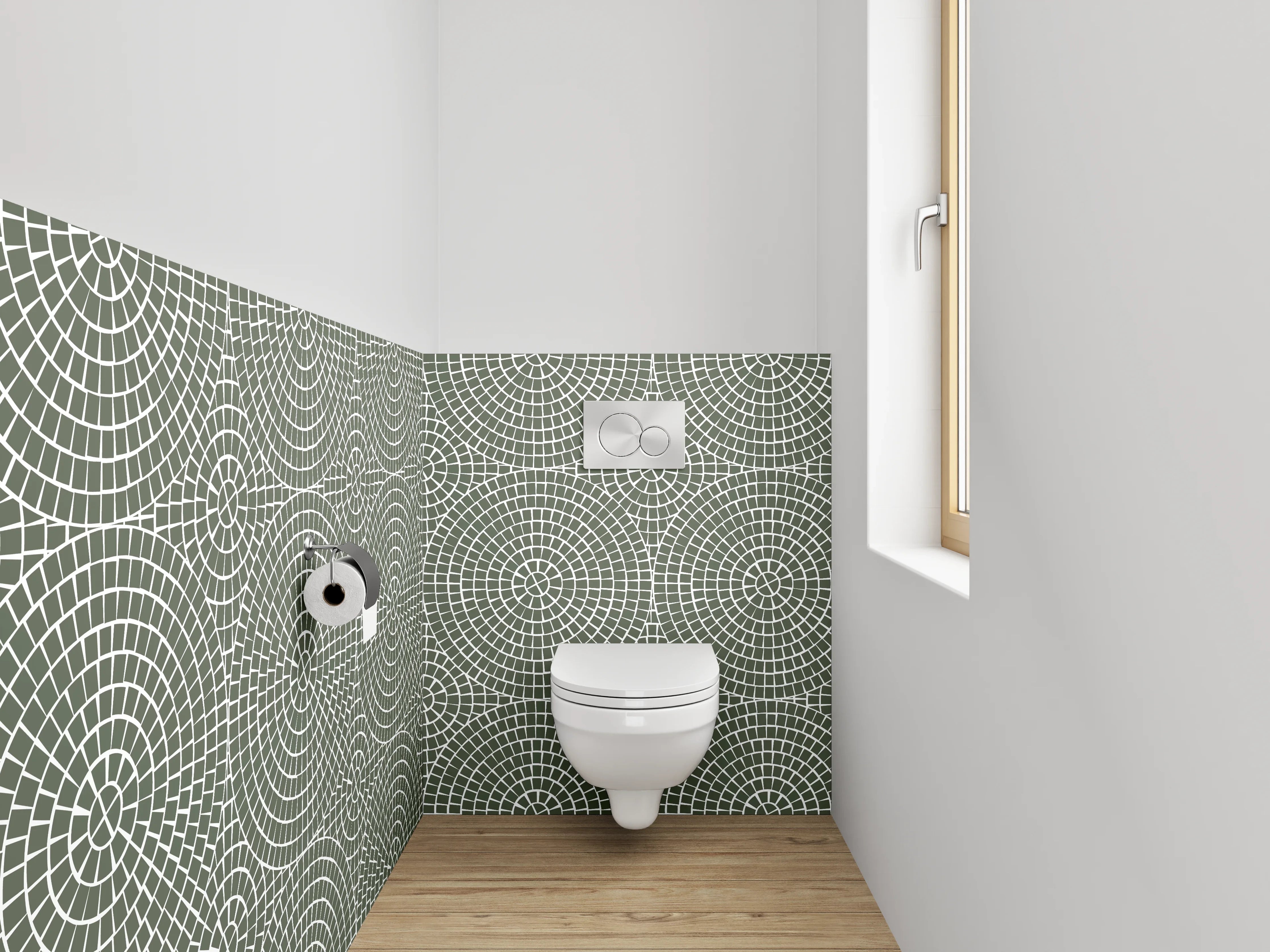 WC-Rückwand - Geometrisches Retro-Kreismuster Grau Weiß