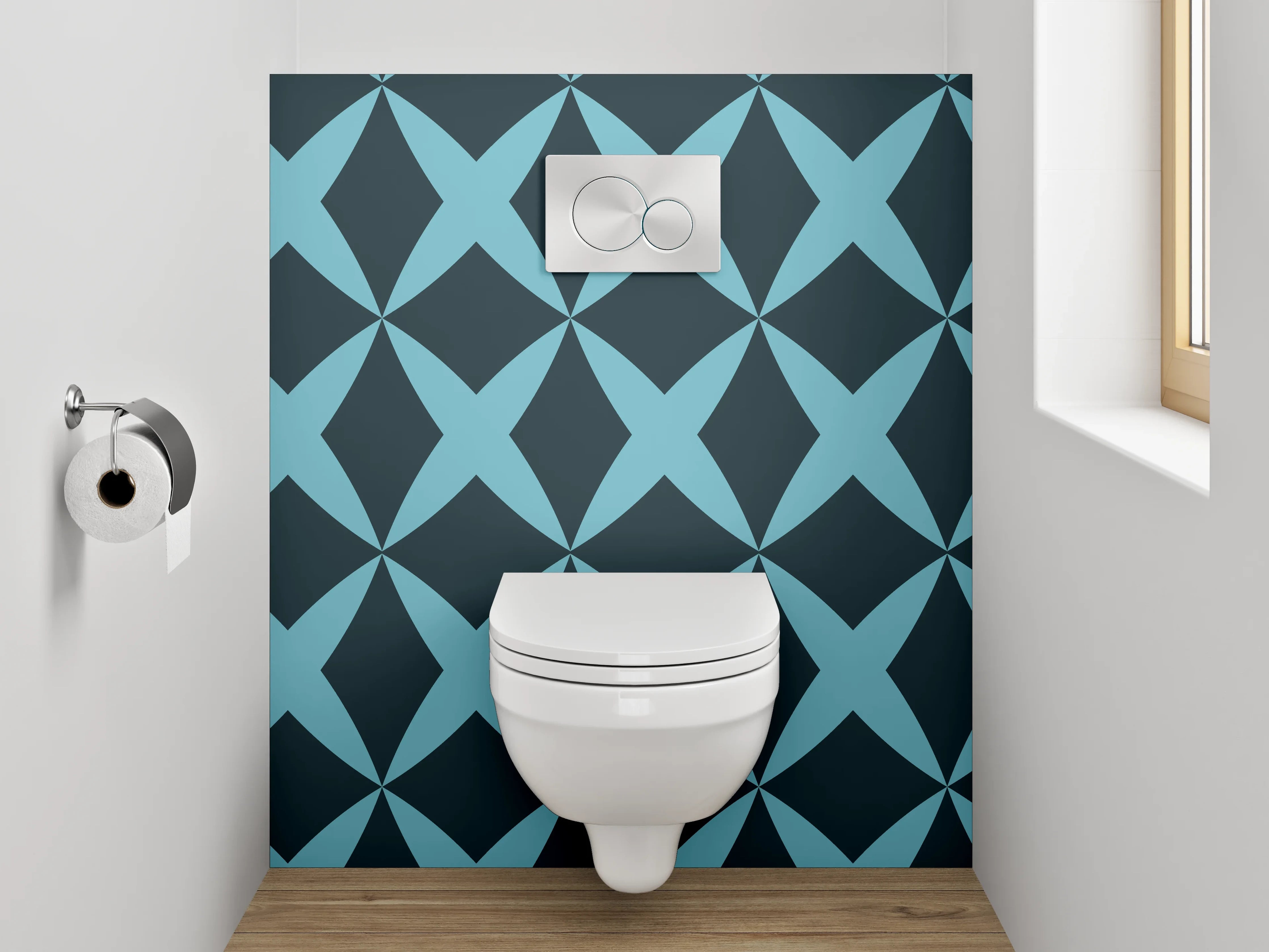 WC-Rückwand - Geometrisches Retro-Muster Blau Schwarz