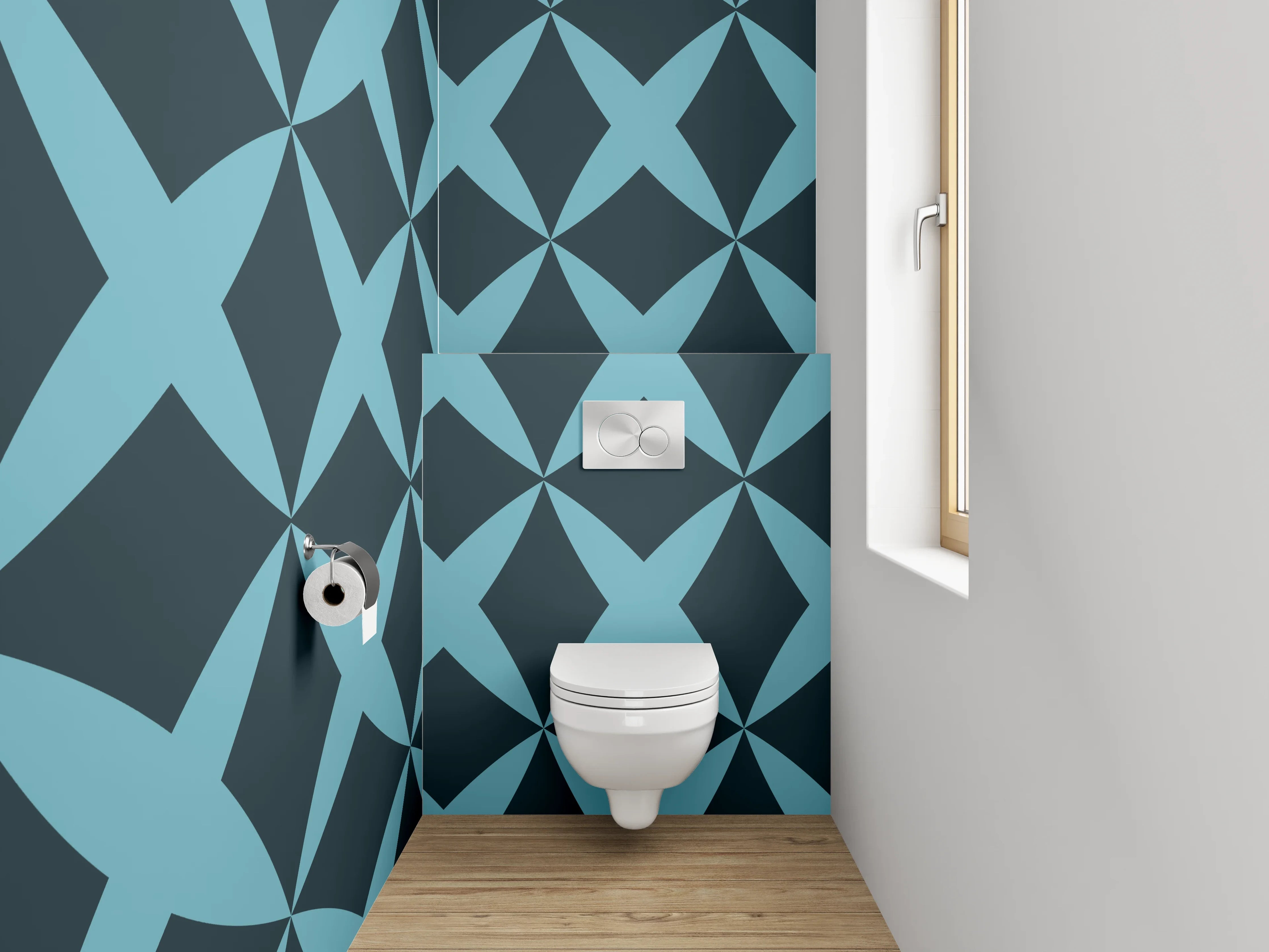 WC-Rückwand - Geometrisches Retro-Muster Blau Schwarz