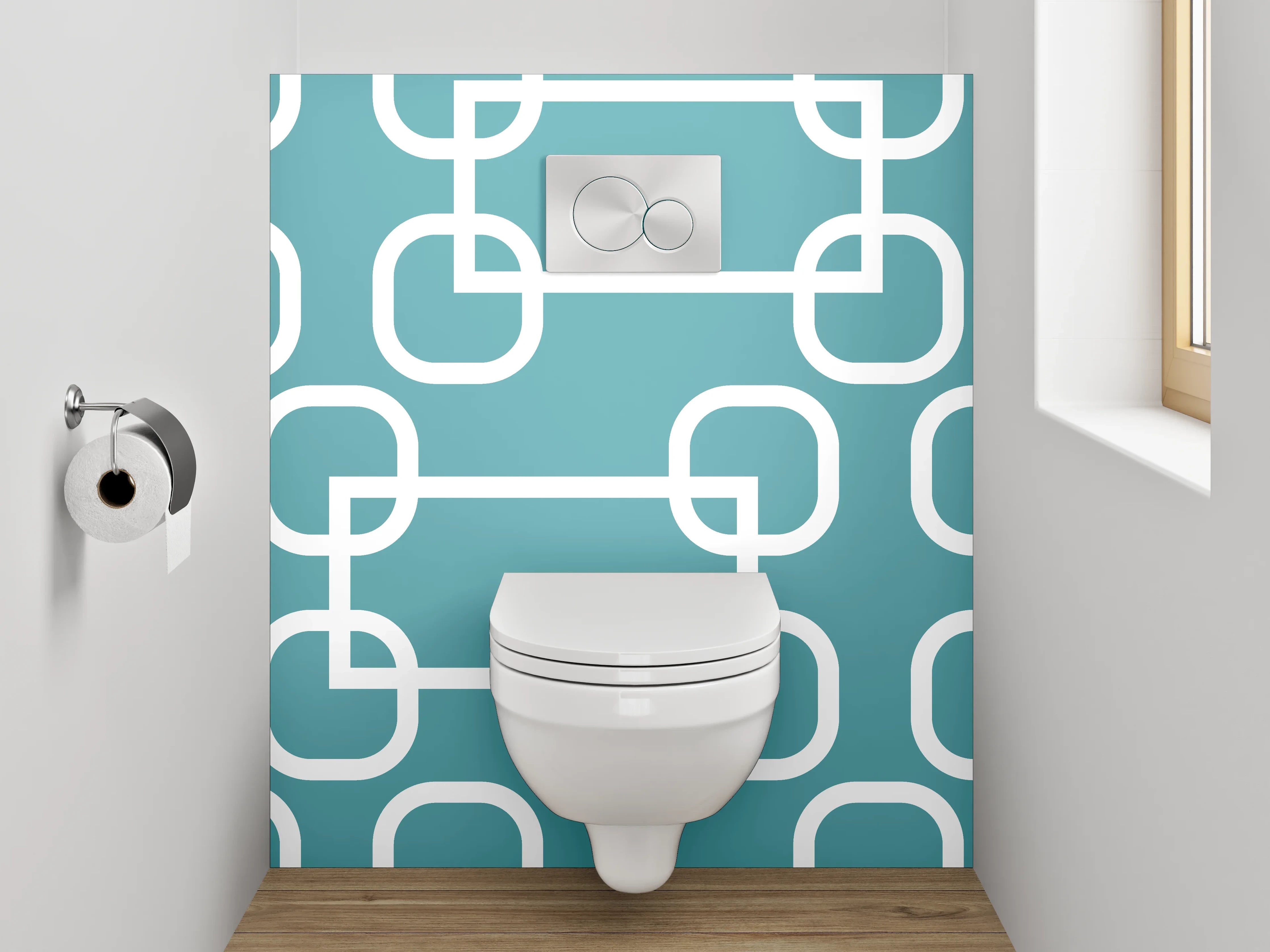WC-Rückwand - Geometrisches Retro-Muster Türkis Weiß