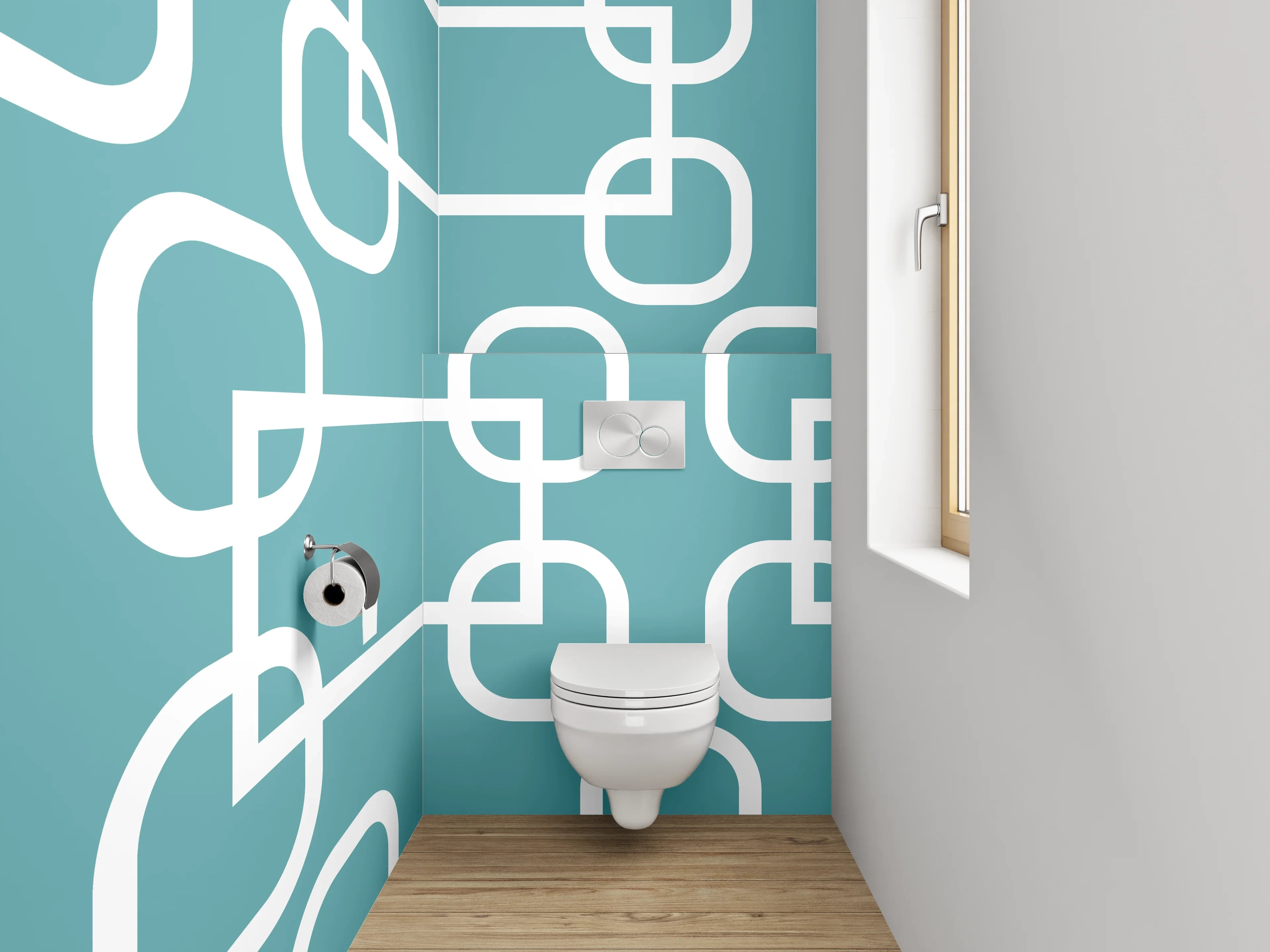 WC-Rückwand - Geometrisches Retro-Muster Türkis Weiß