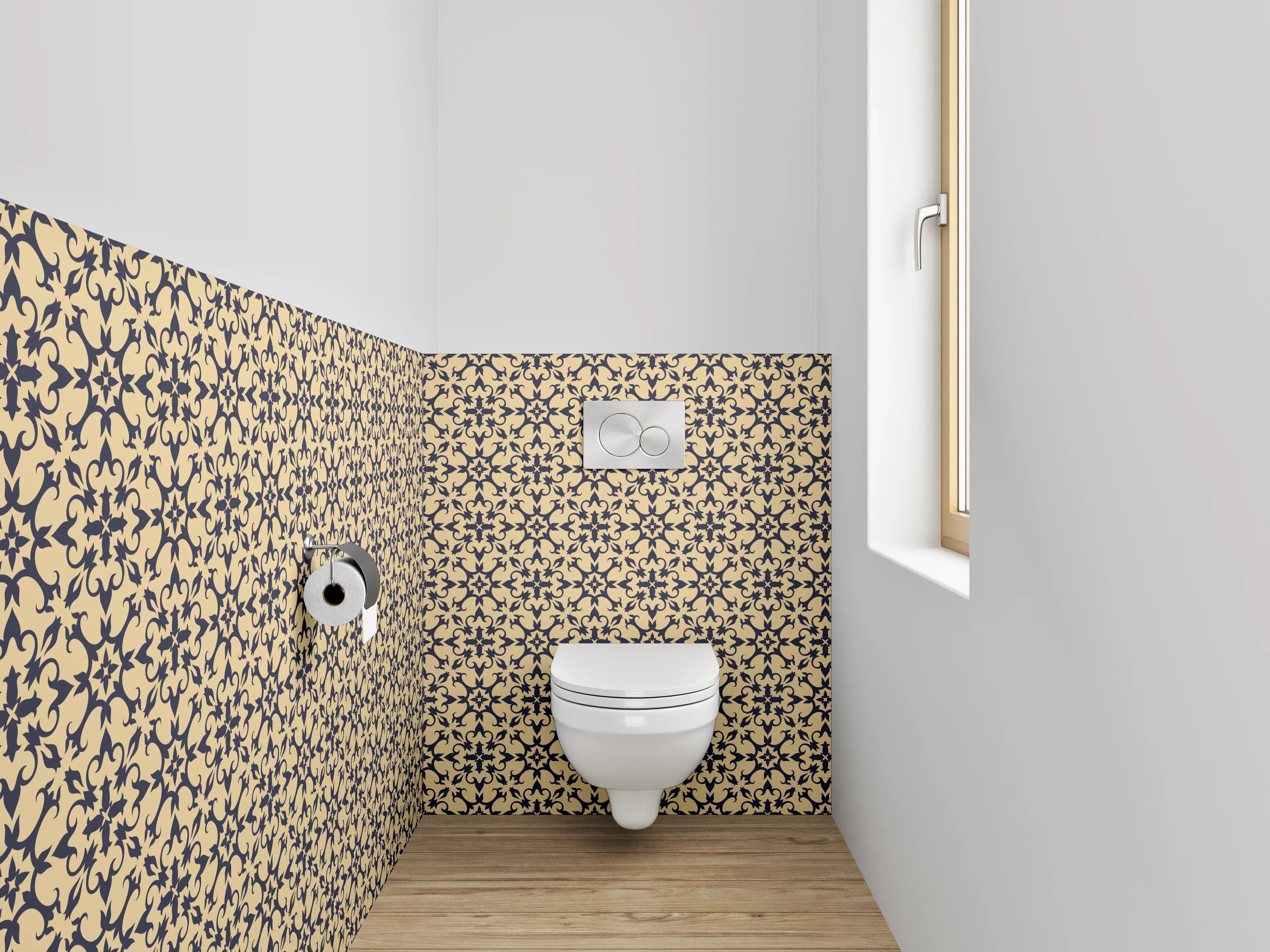 WC-Rückwand - Geometrisches Retro-Muster beige schwarz