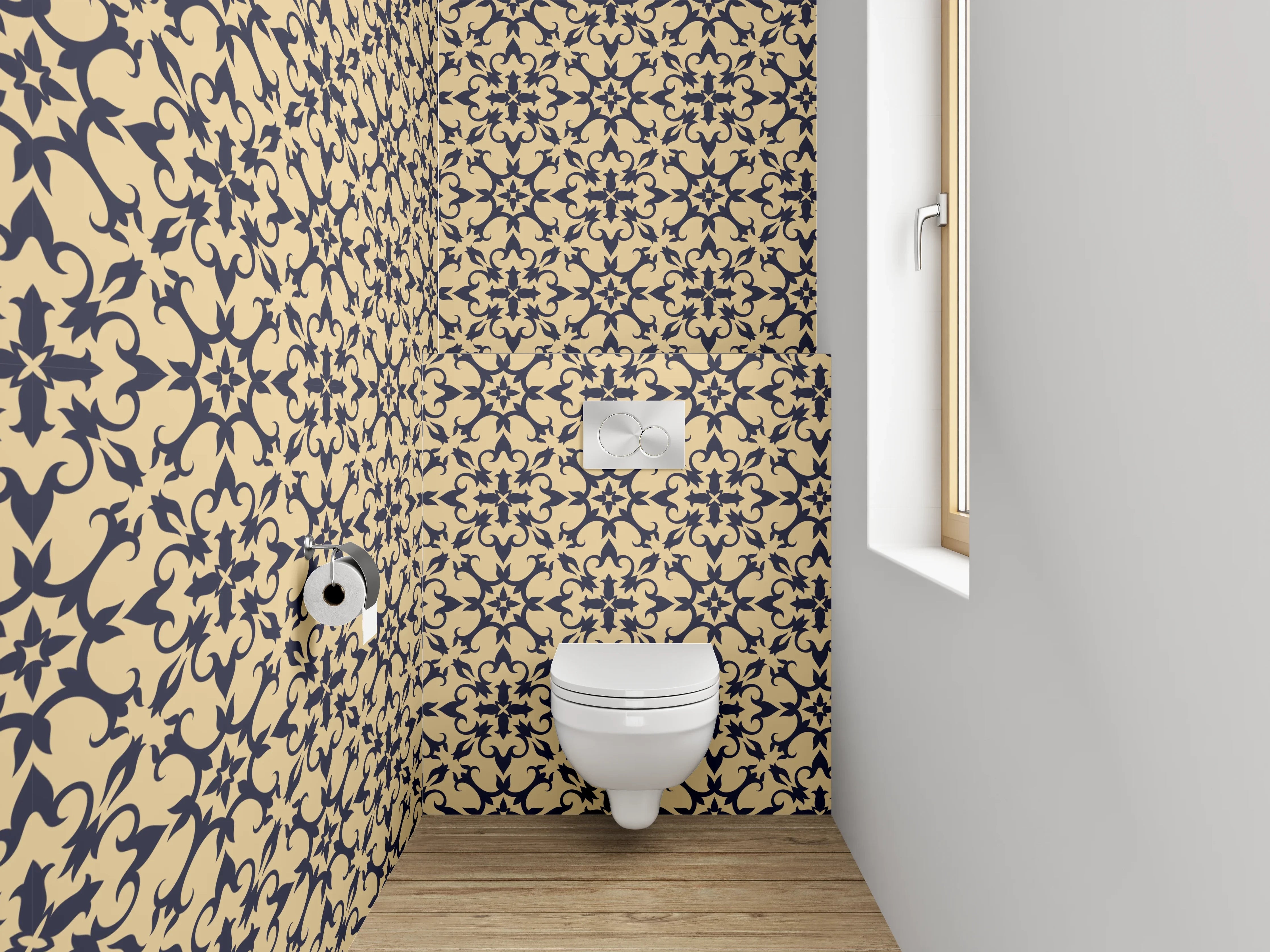 WC-Rückwand - Geometrisches Retro-Muster beige schwarz