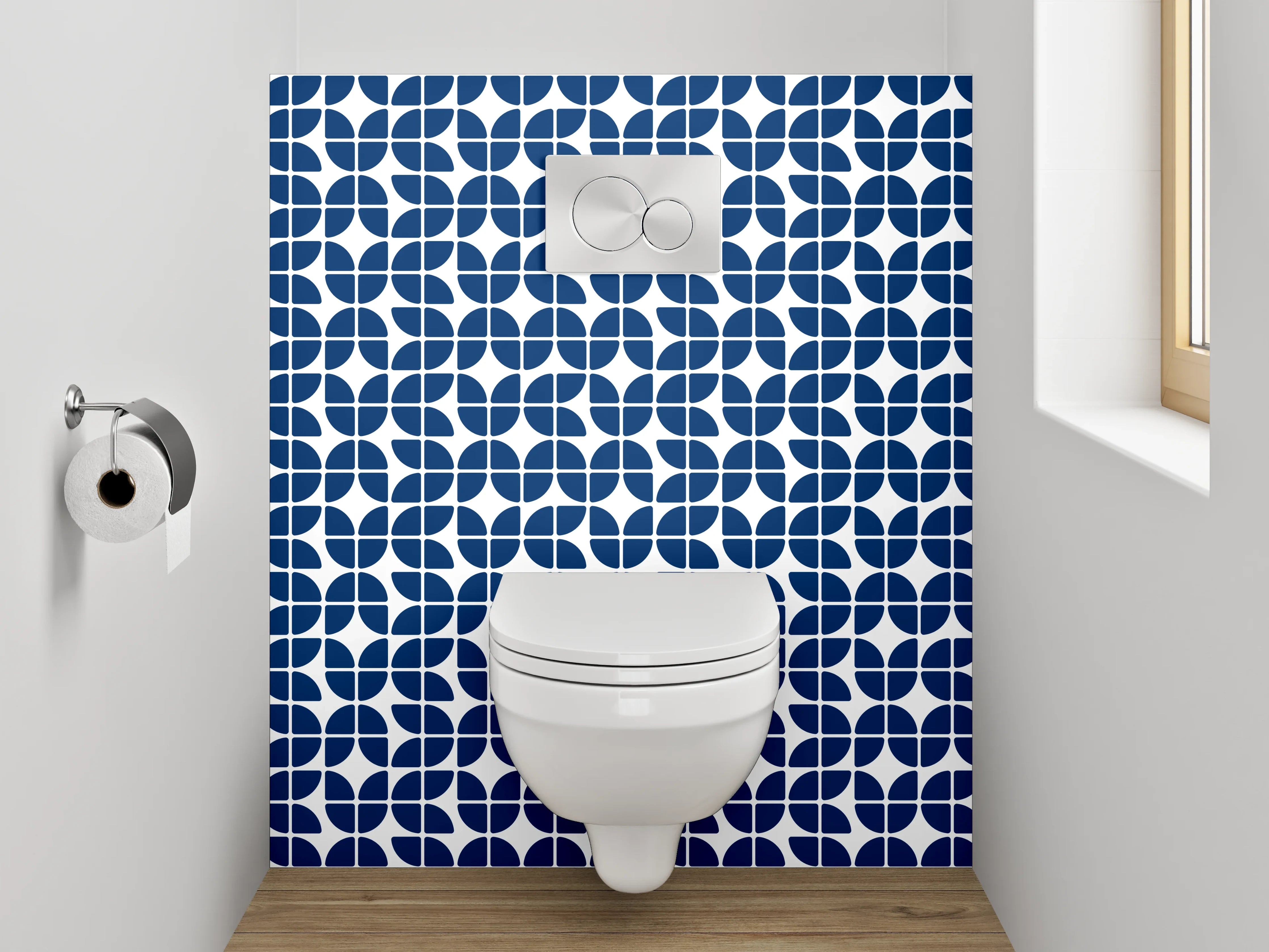 WC-Rückwand - Geometrisches Retro-Muster in Dunkelblau