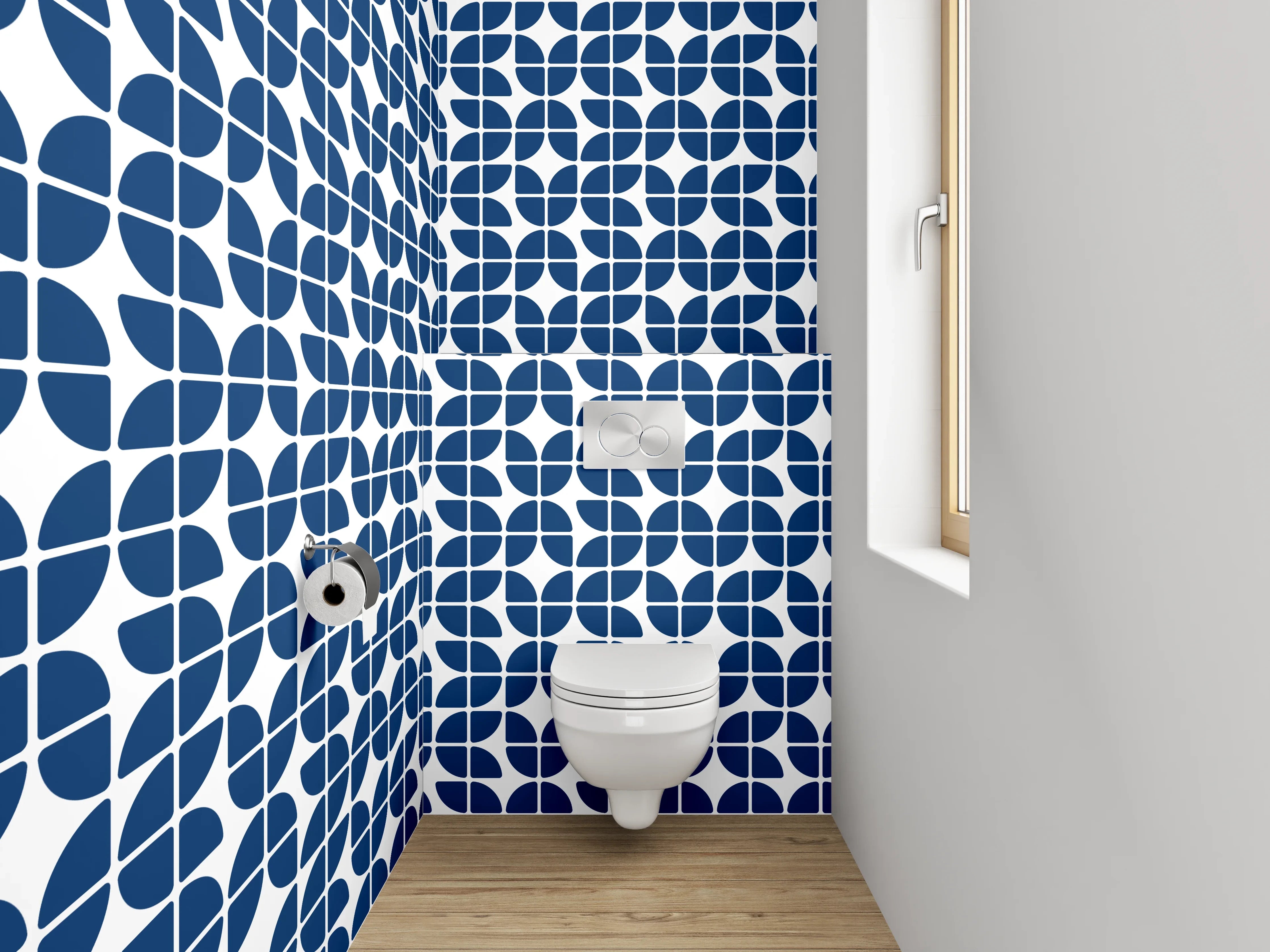 WC-Rückwand - Geometrisches Retro-Muster in Dunkelblau
