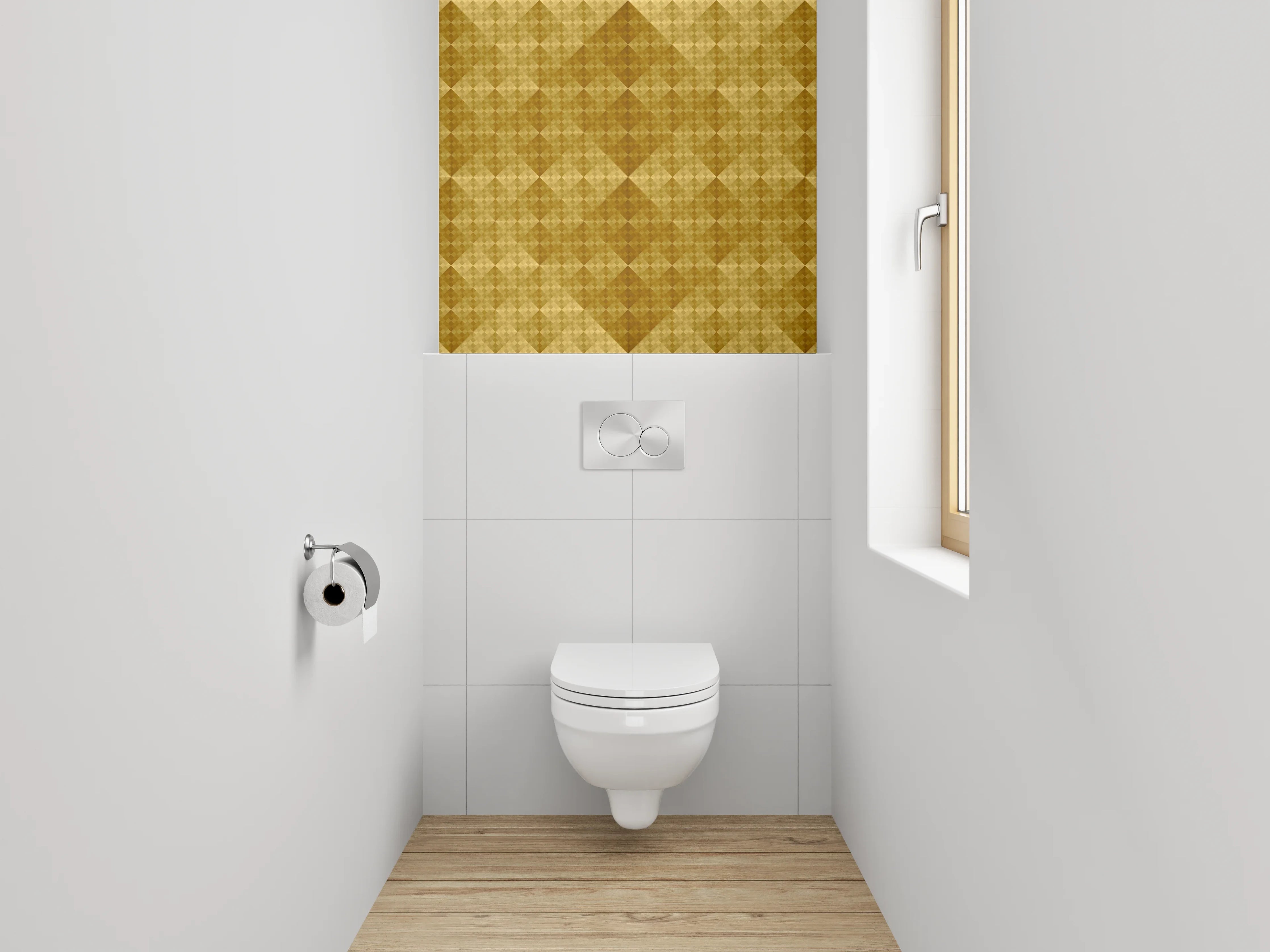 WC-Rückwand - Geometrisches Retro-Muster in Goldtönen