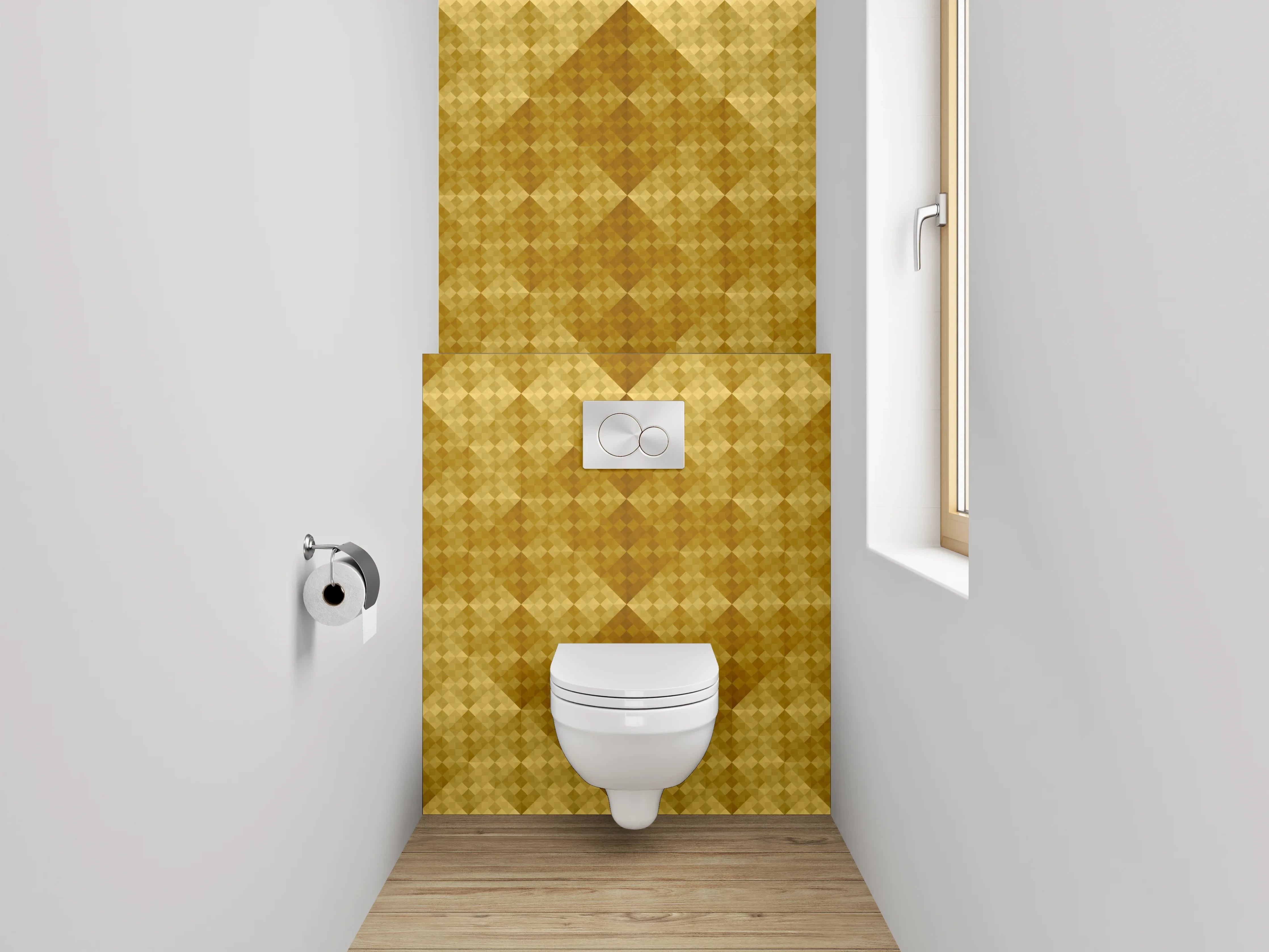 WC-Rückwand - Geometrisches Retro-Muster in Goldtönen
