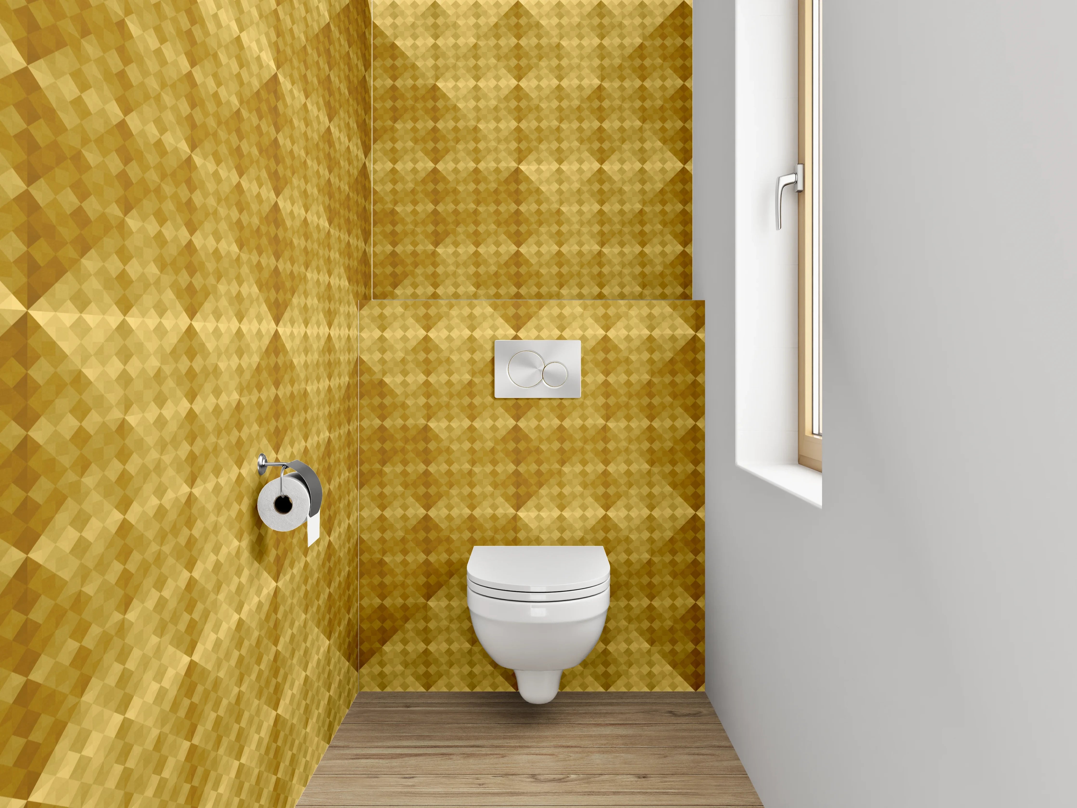 WC-Rückwand - Geometrisches Retro-Muster in Goldtönen