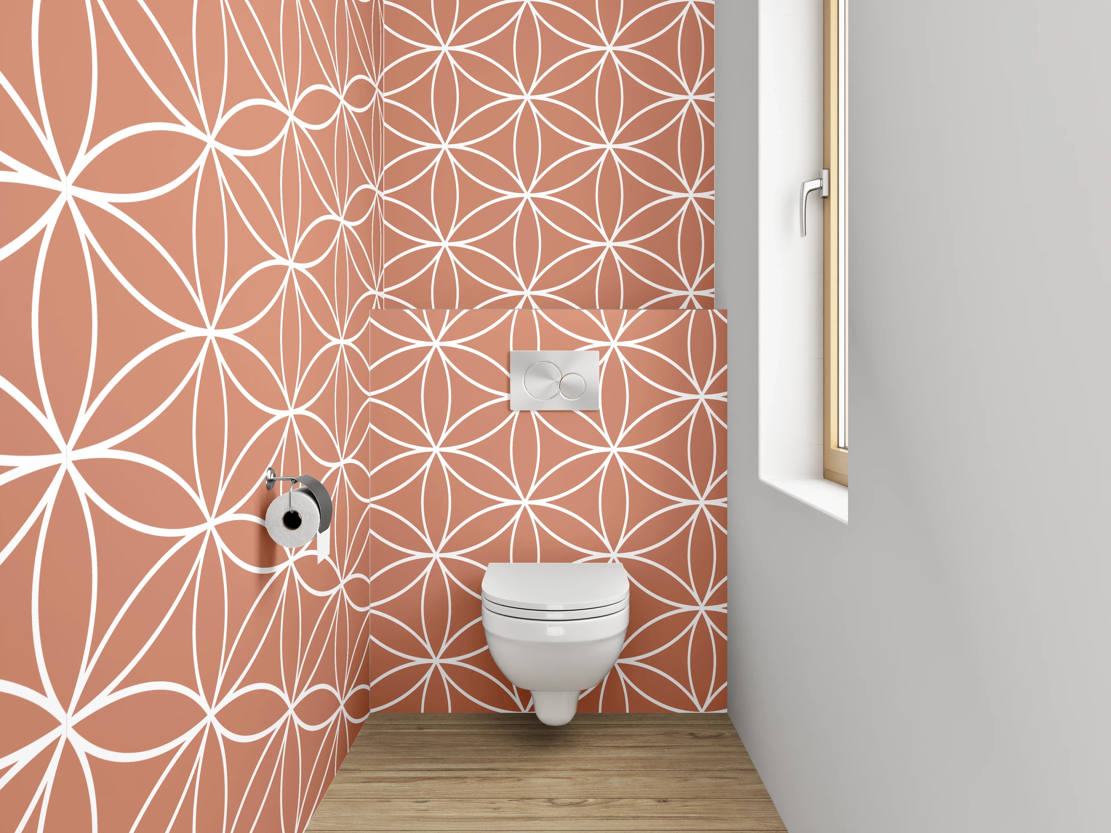 WC-Rückwand - Geometrisches Retro-Muster in Terrakotta