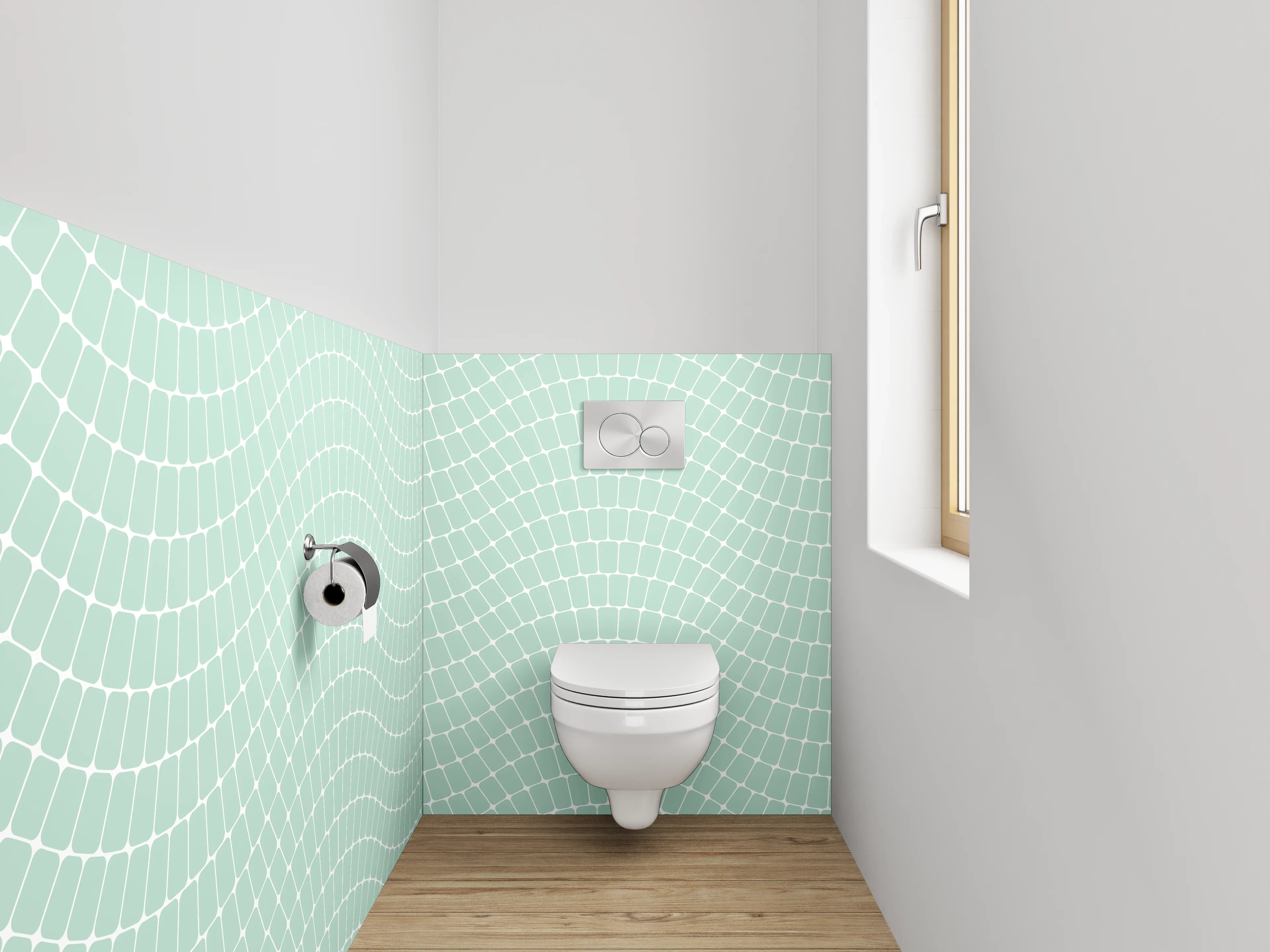 WC-Rückwand - Geometrisches Wellenmuster Mintgrün Weiß