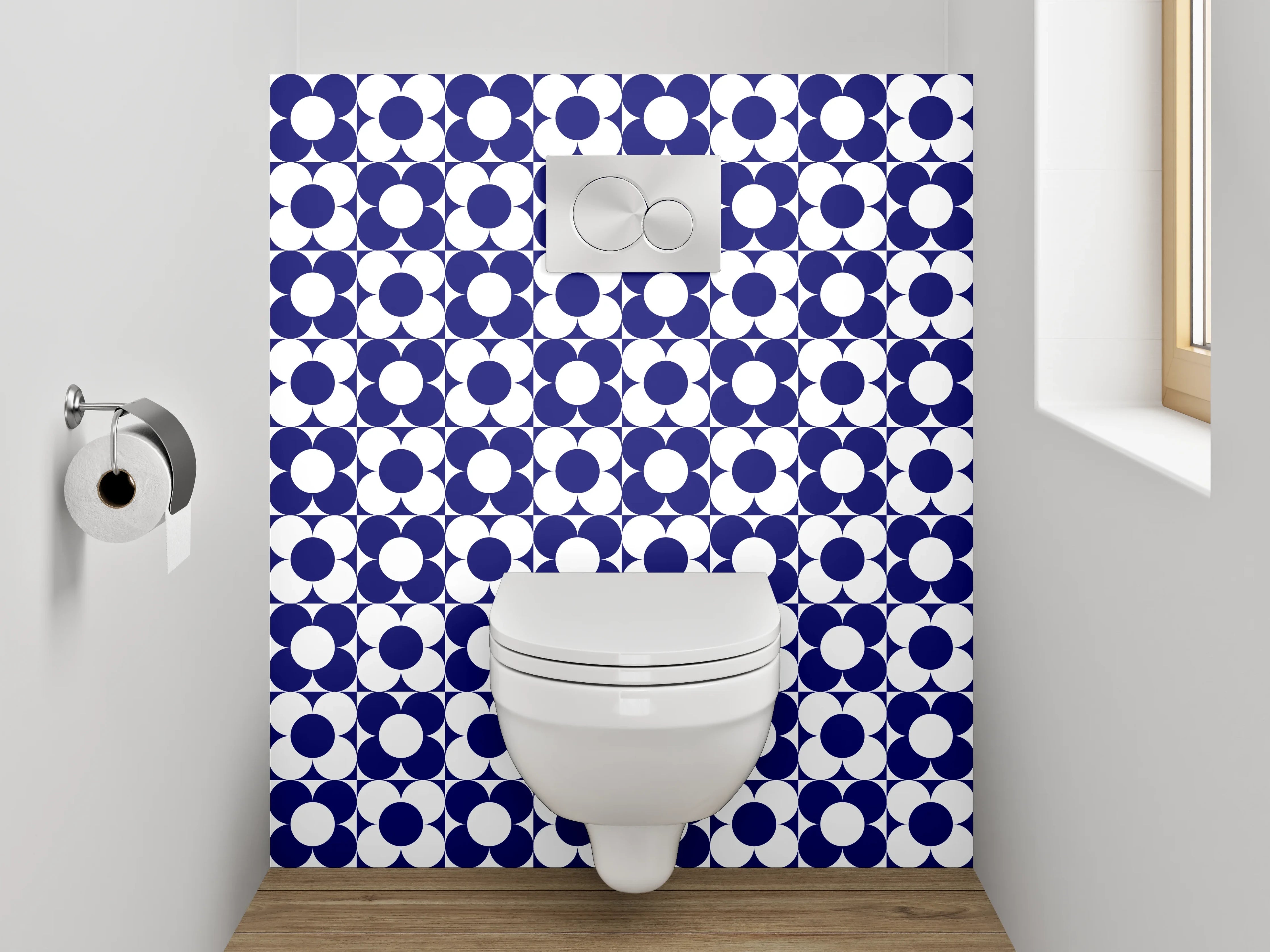 WC-Rückwand - Geometrisches blau-weißes Retro-Muster
