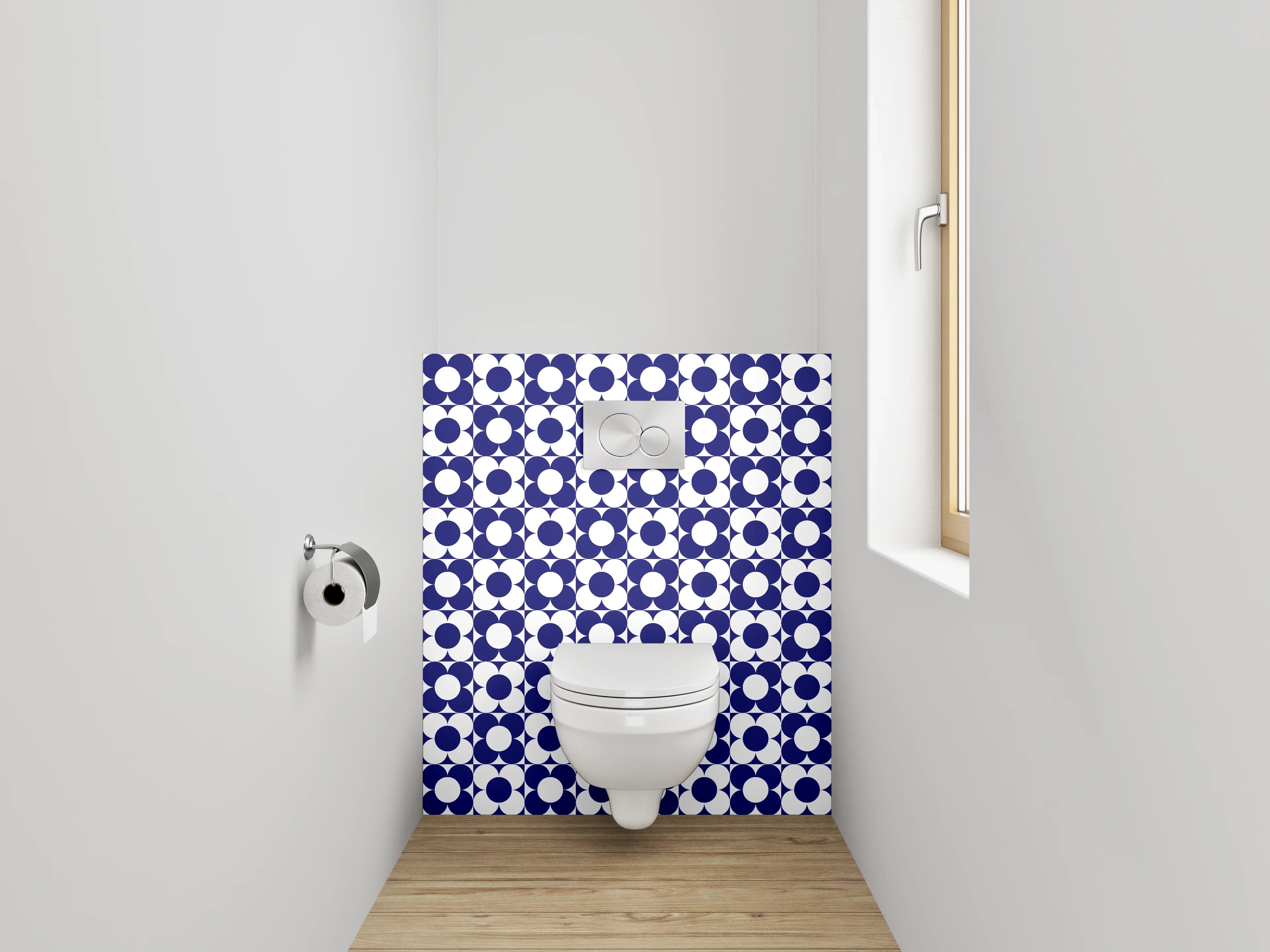 WC-Rückwand - Geometrisches blau-weißes Retro-Muster