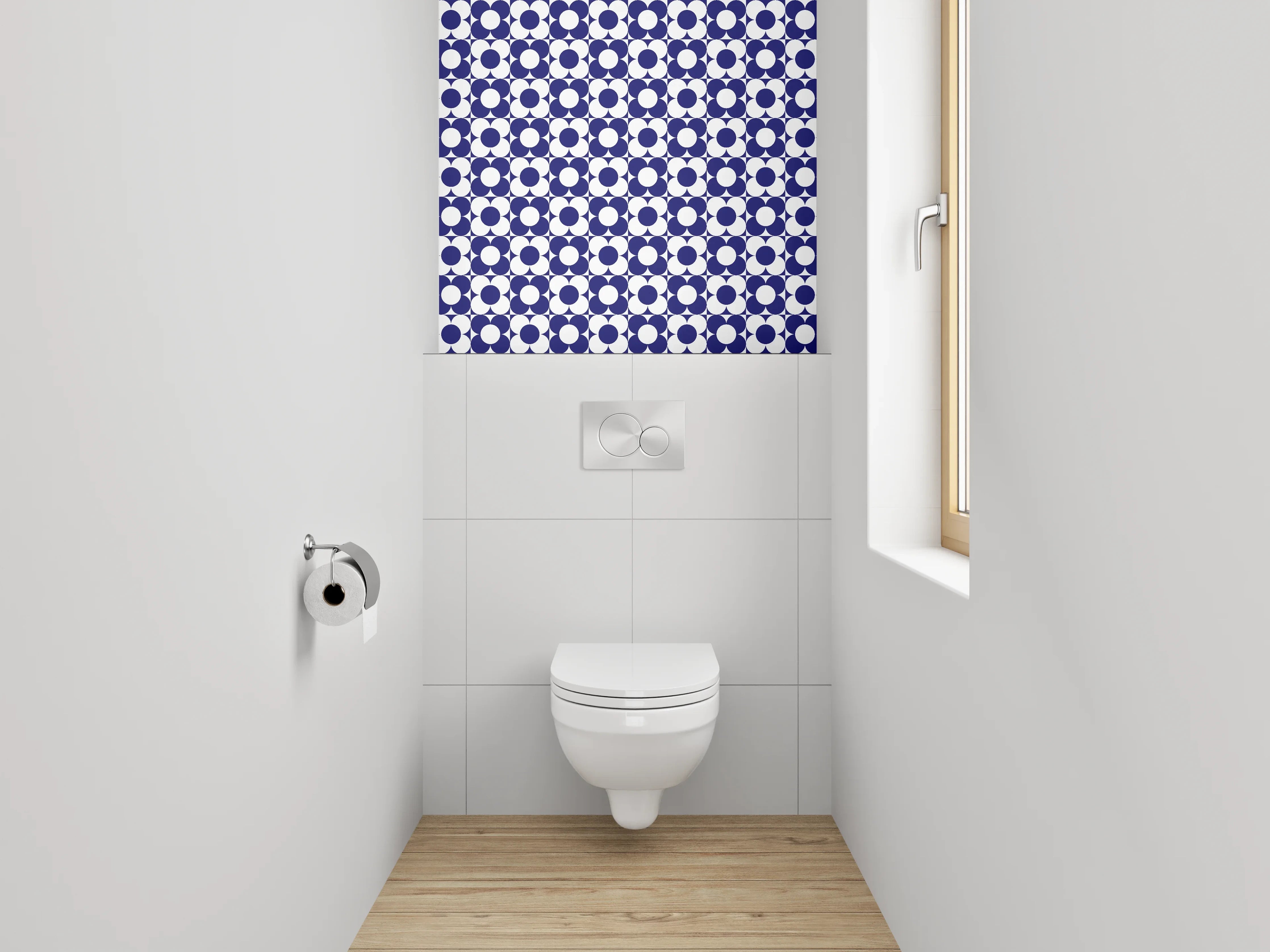 WC-Rückwand - Geometrisches blau-weißes Retro-Muster