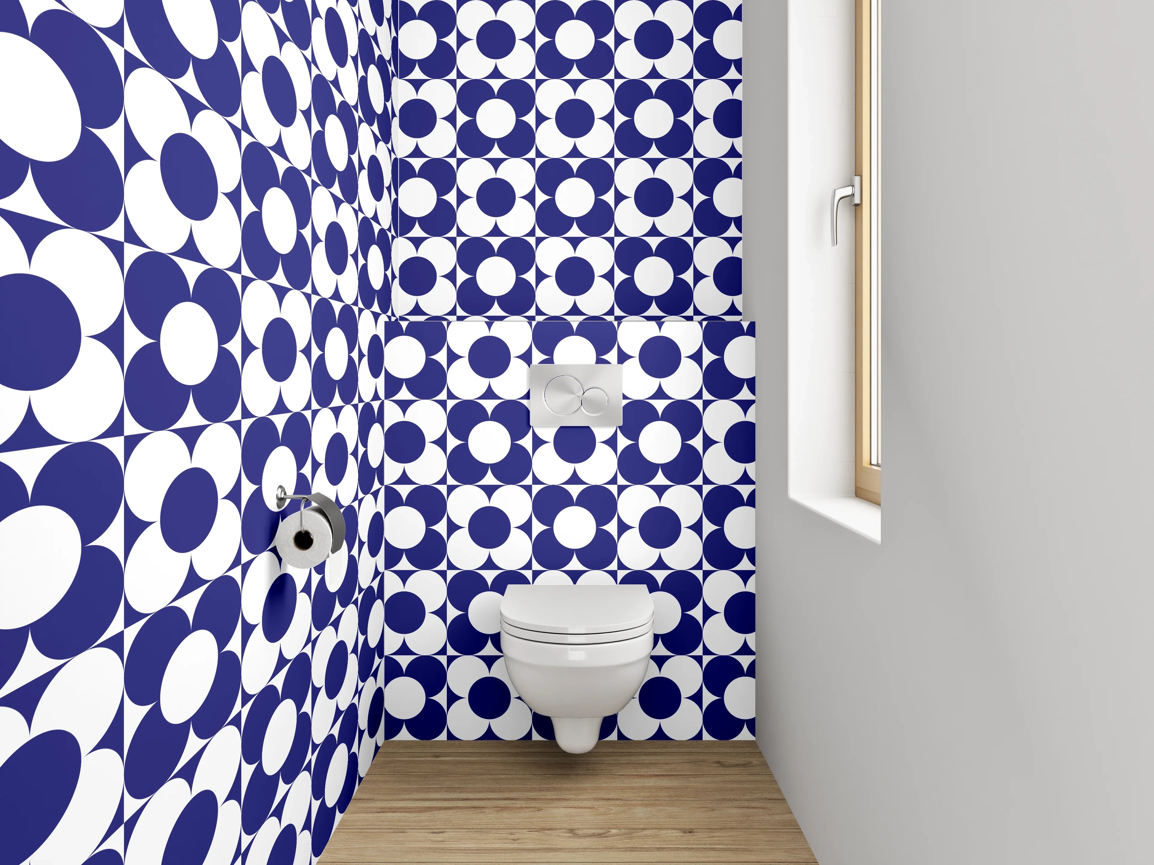 WC-Rückwand - Geometrisches blau-weißes Retro-Muster