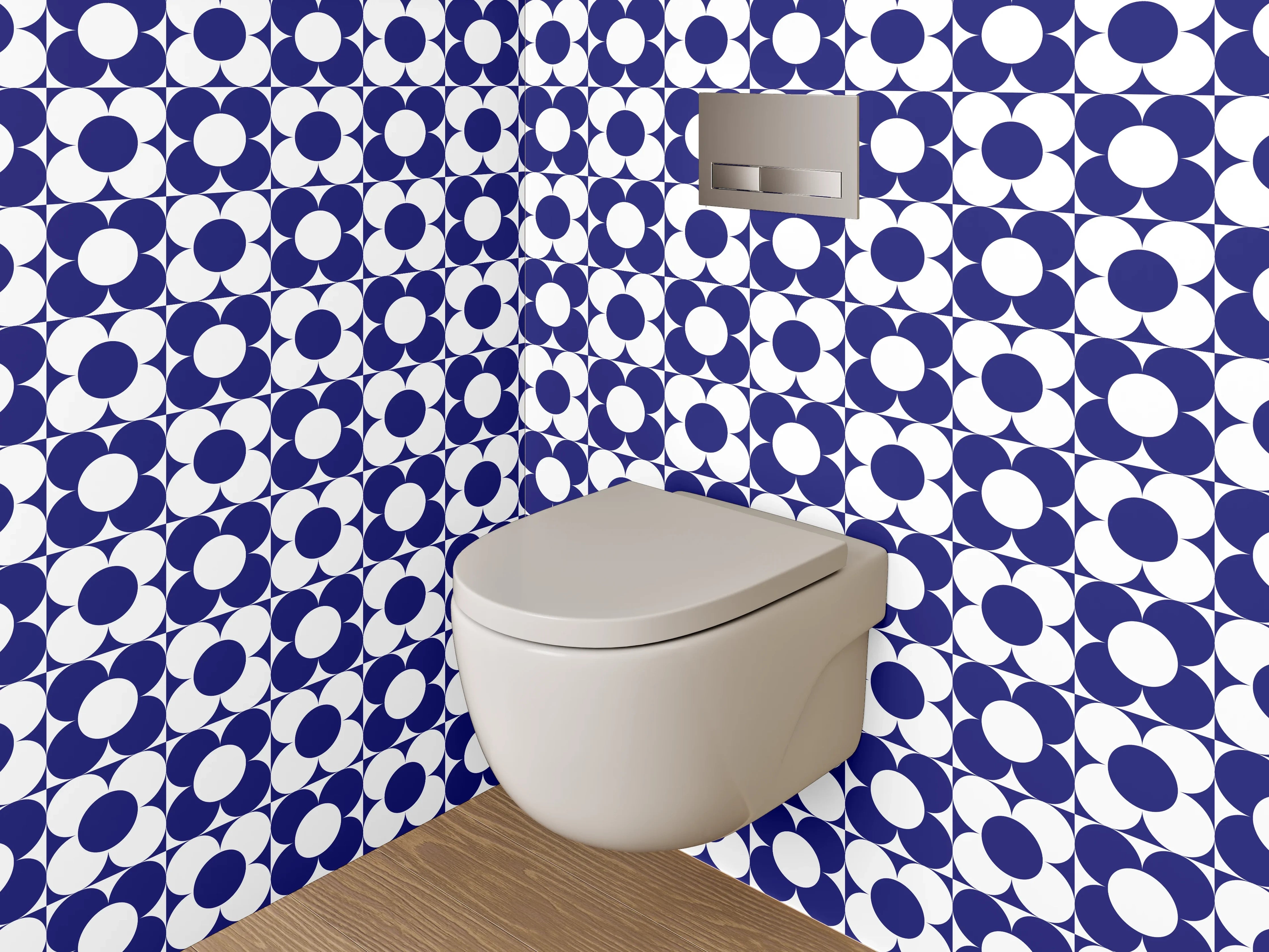 WC-Rückwand - Geometrisches blau-weißes Retro-Muster
