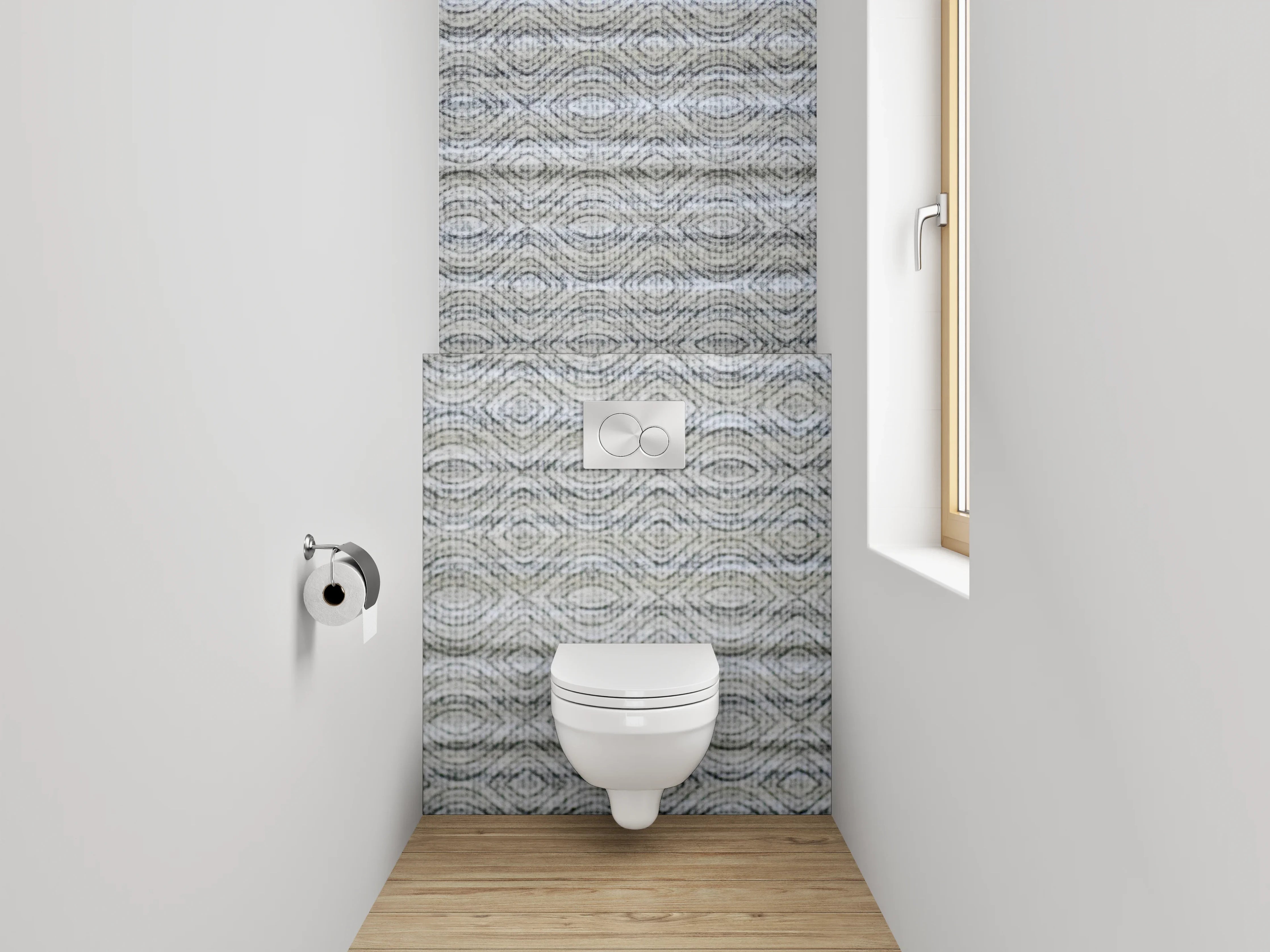 WC-Rückwand - Geprägtes Muster auf weiß-grauer Wand