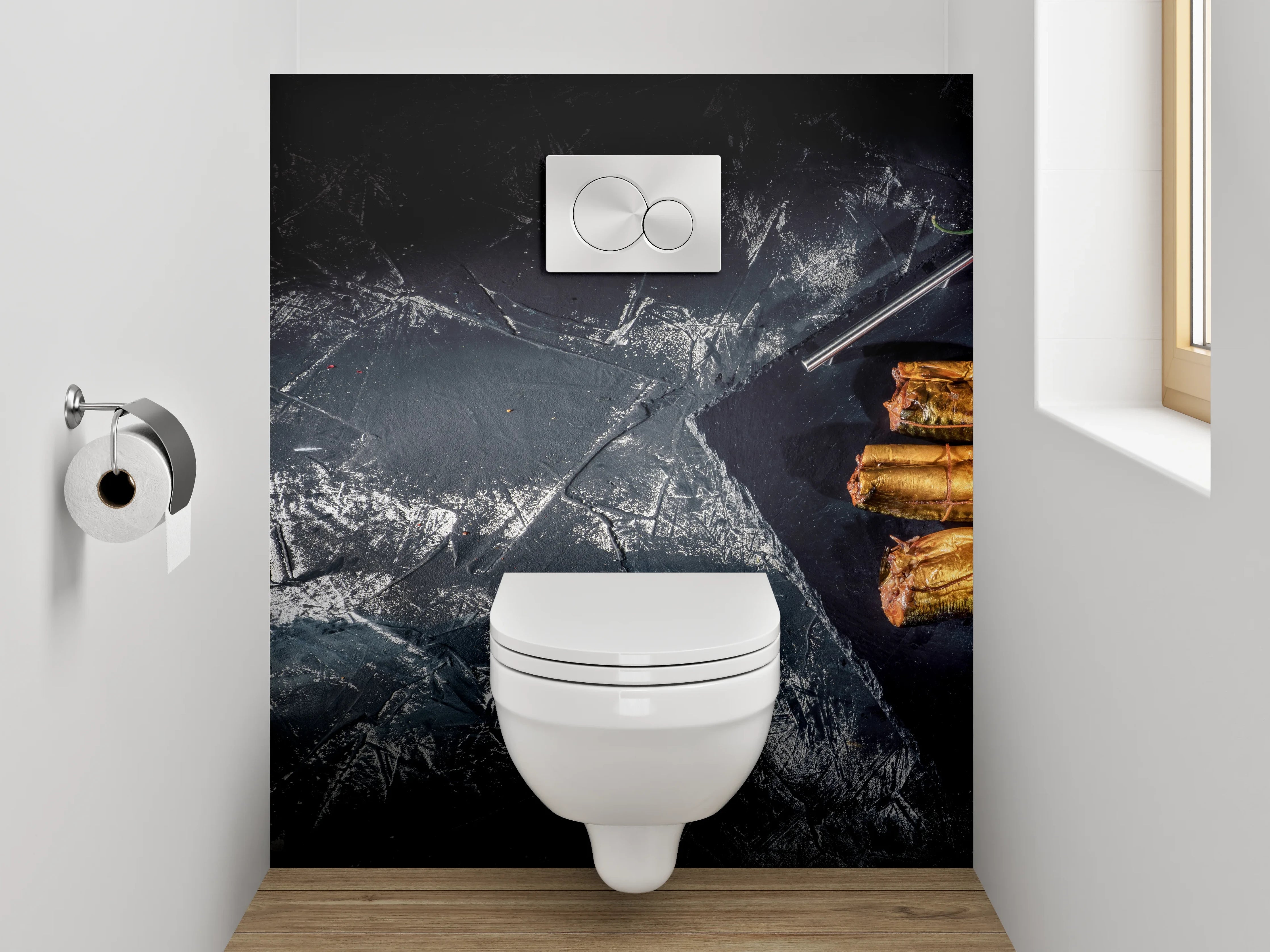 WC-Rückwand - Geräucherter Fisch auf Schieferplatte – Stillleben