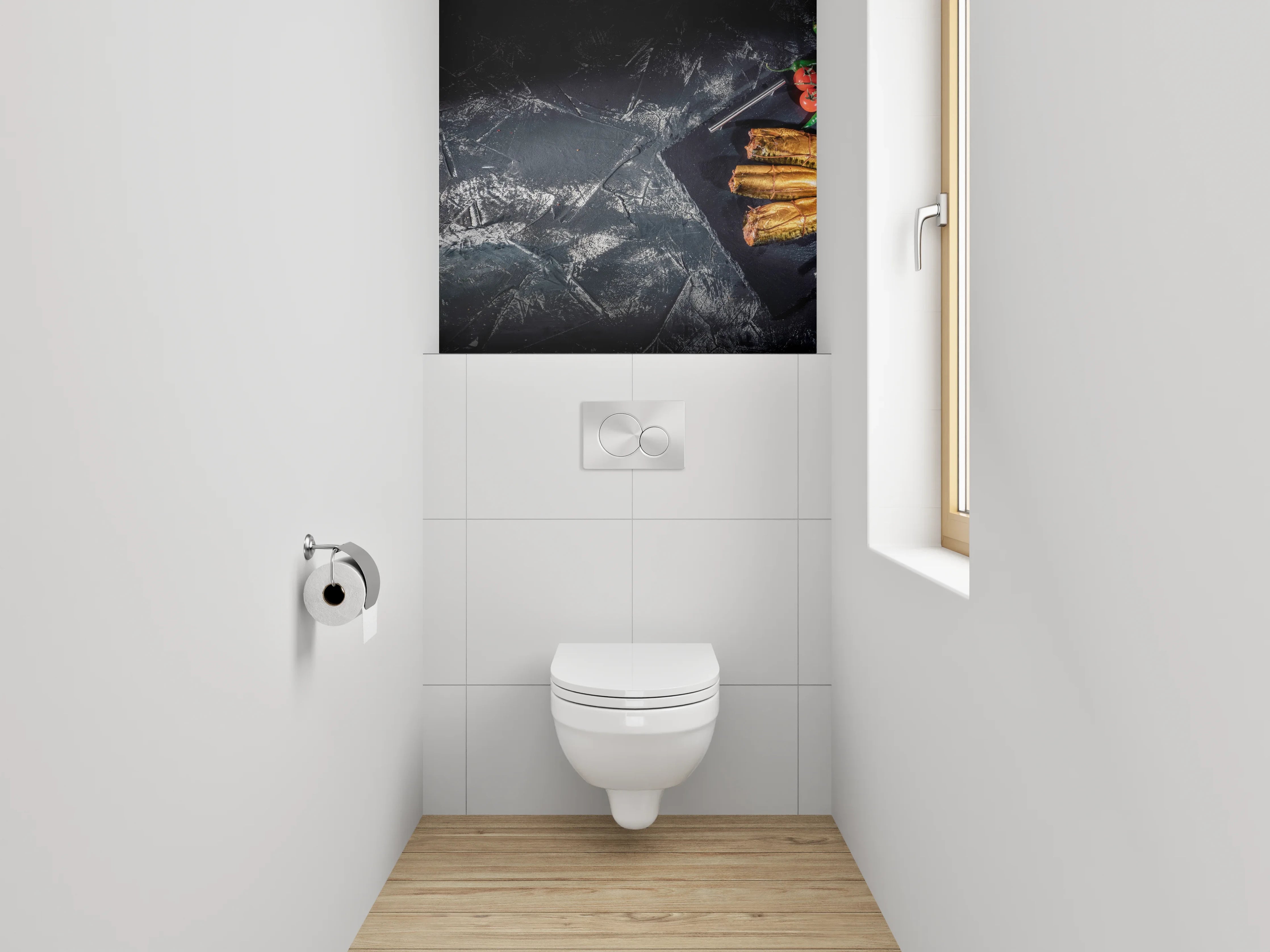 WC-Rückwand - Geräucherter Fisch auf Schieferplatte – Stillleben
