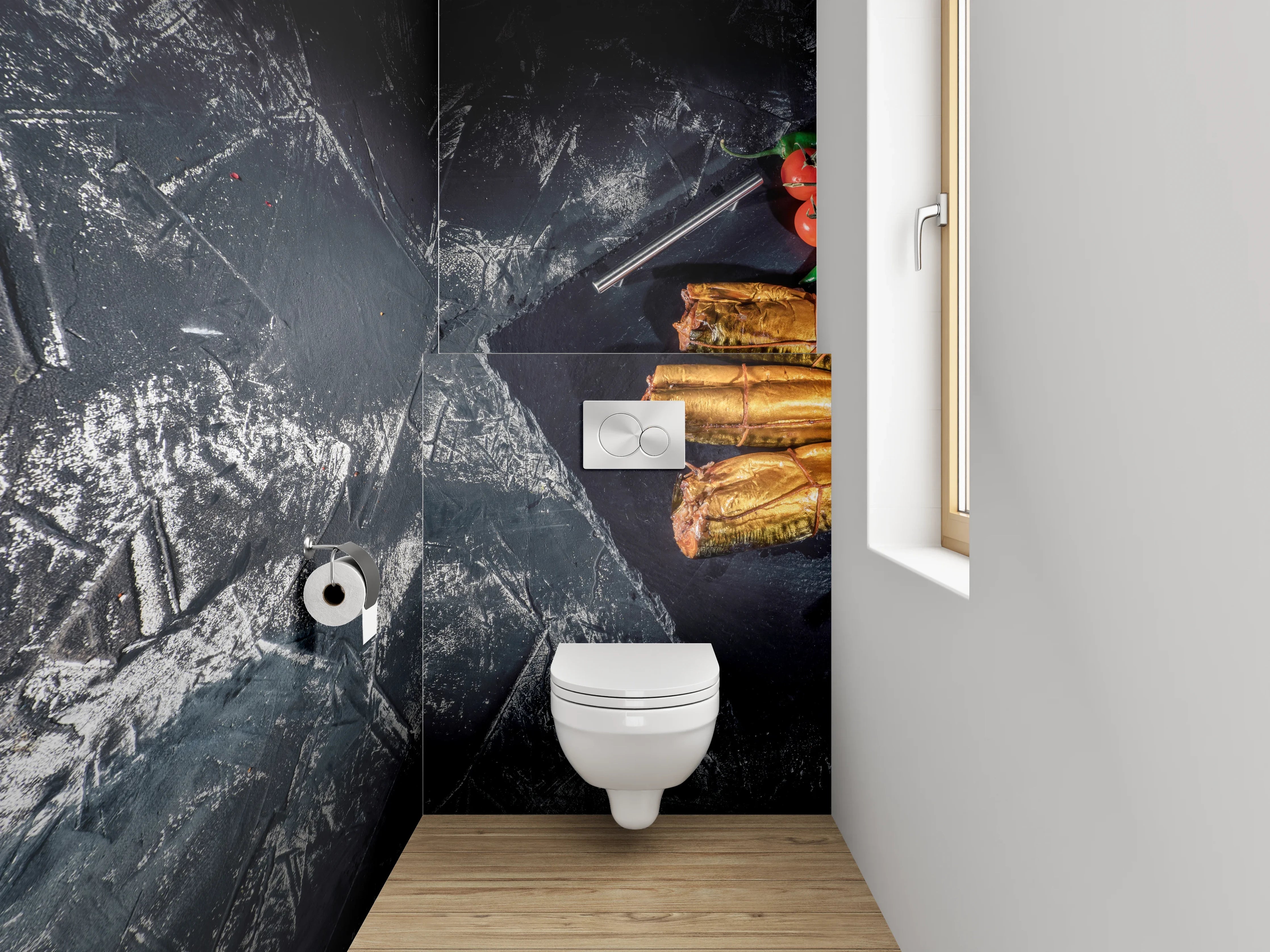 WC-Rückwand - Geräucherter Fisch auf Schieferplatte – Stillleben