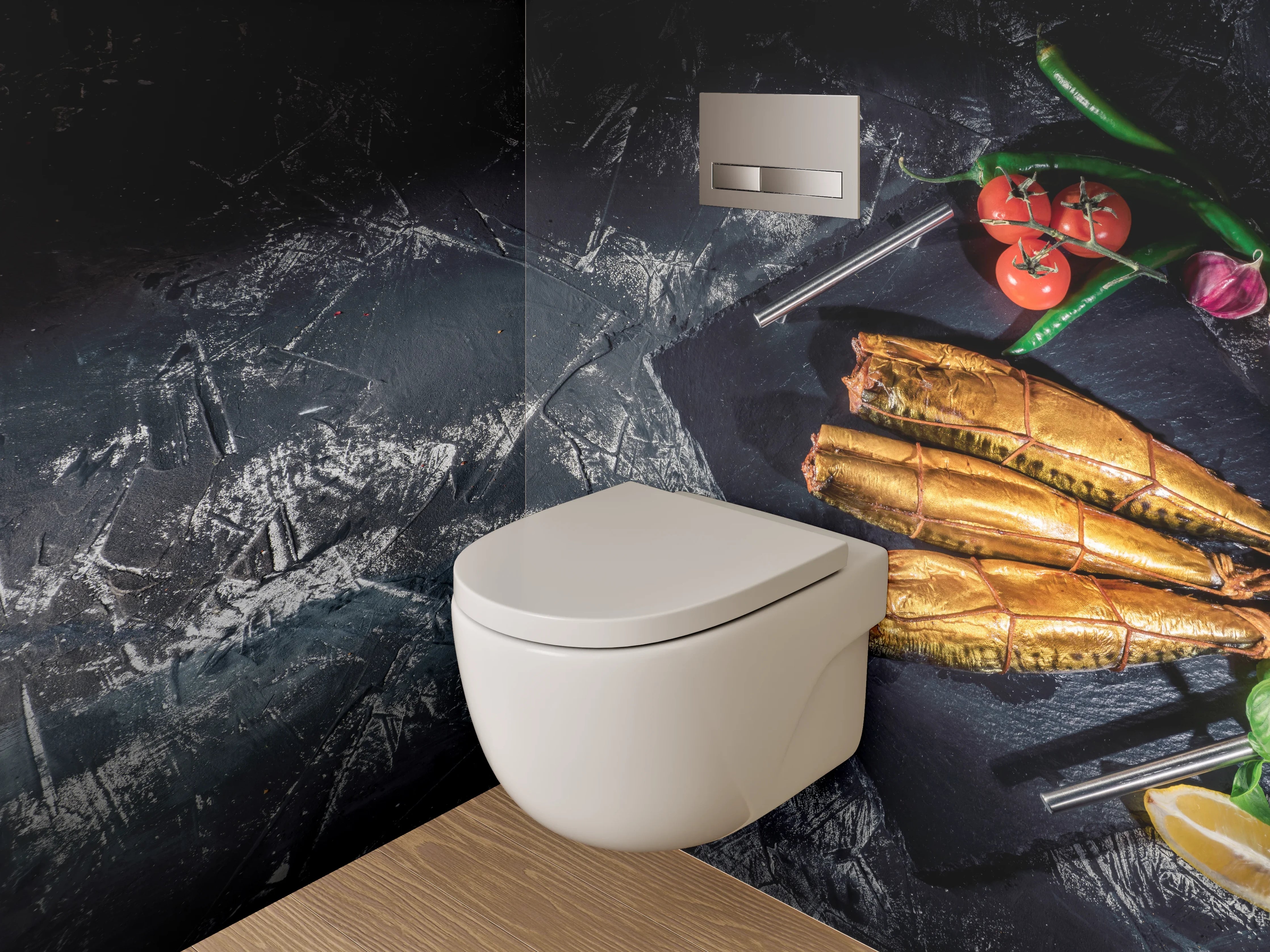 WC-Rückwand - Geräucherter Fisch auf Schieferplatte – Stillleben