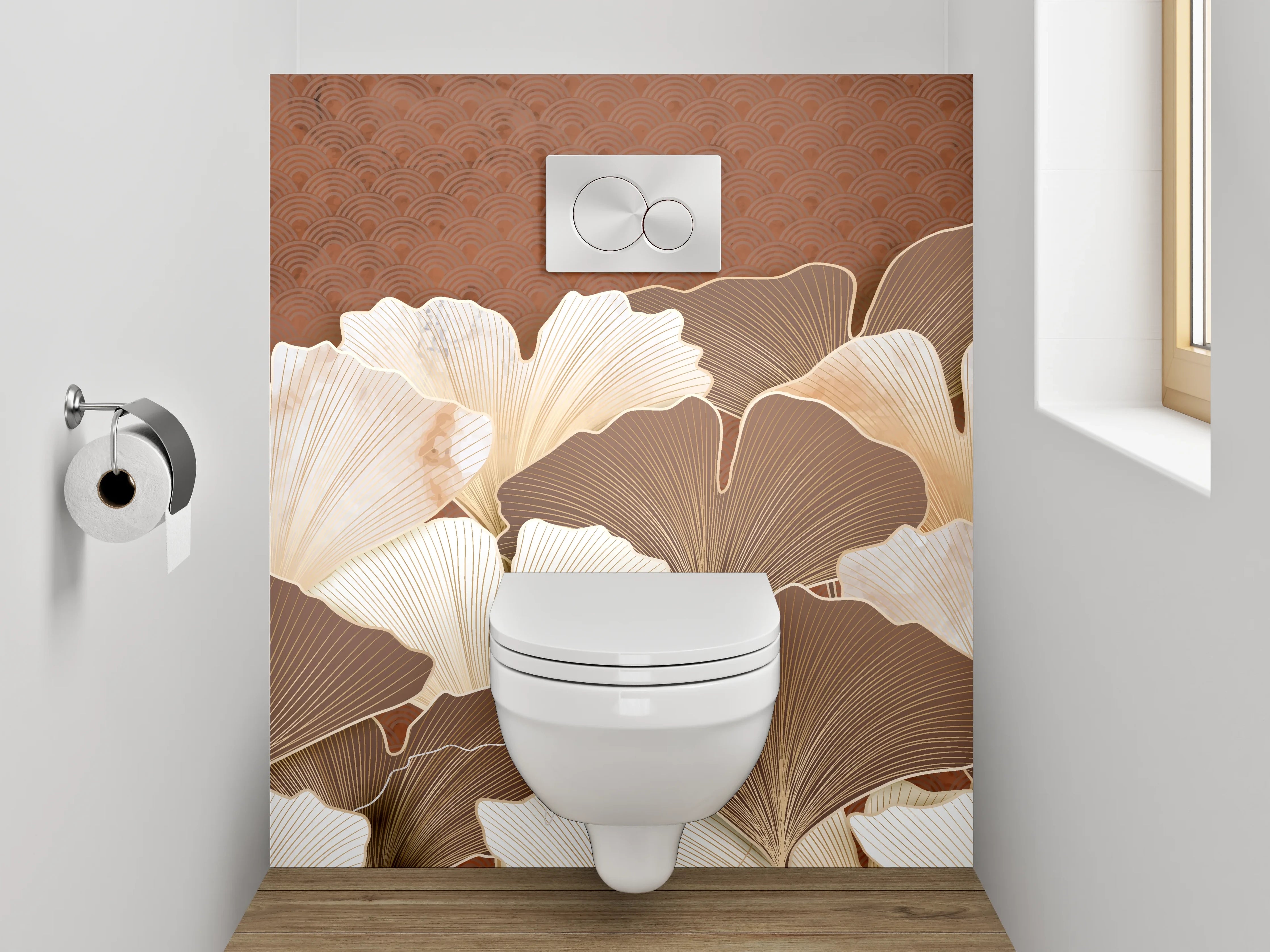 WC-Rückwand - Ginkgo Blätter Beige Braun Kunst