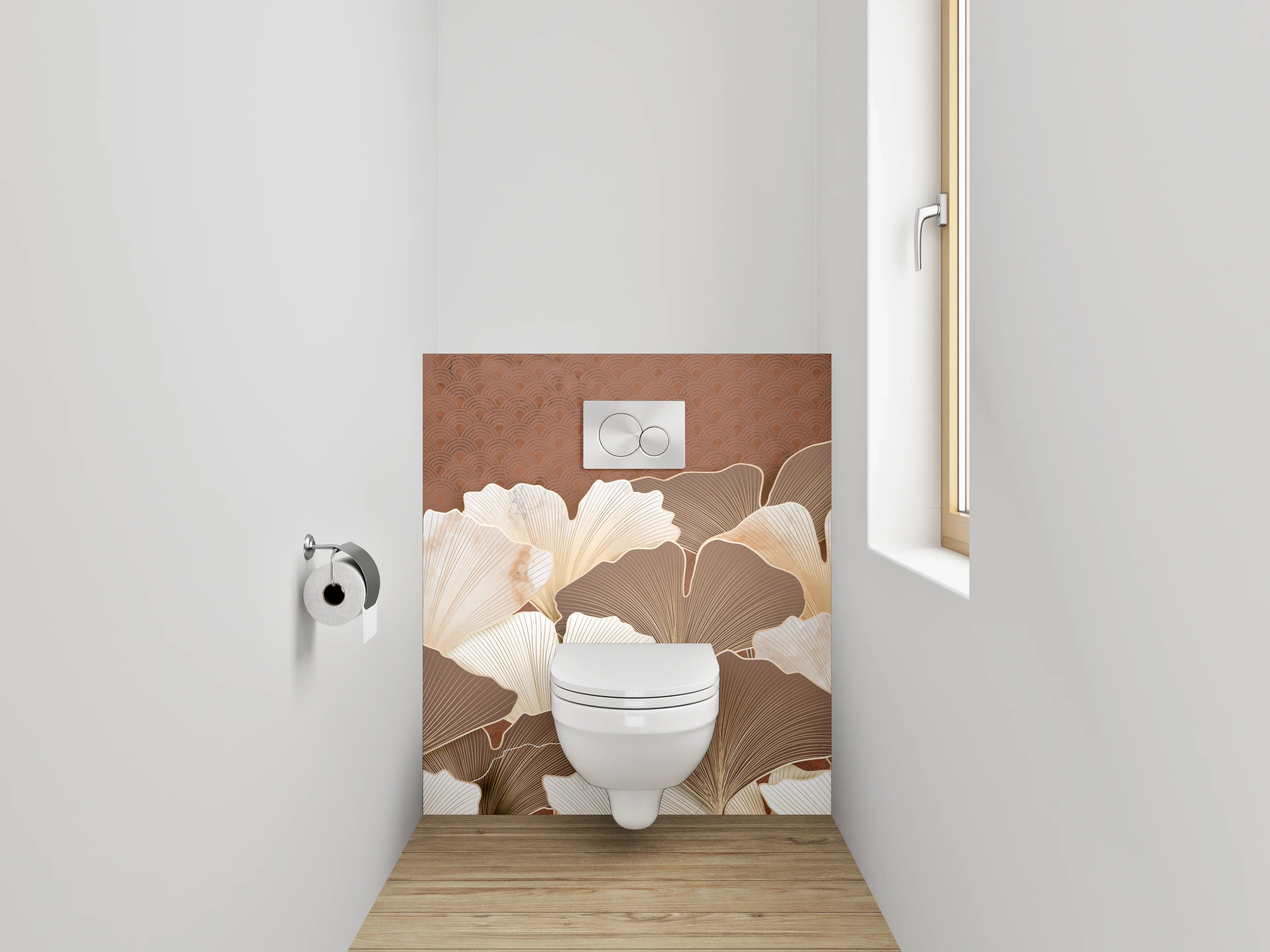 WC-Rückwand - Ginkgo Blätter Beige Braun Kunst