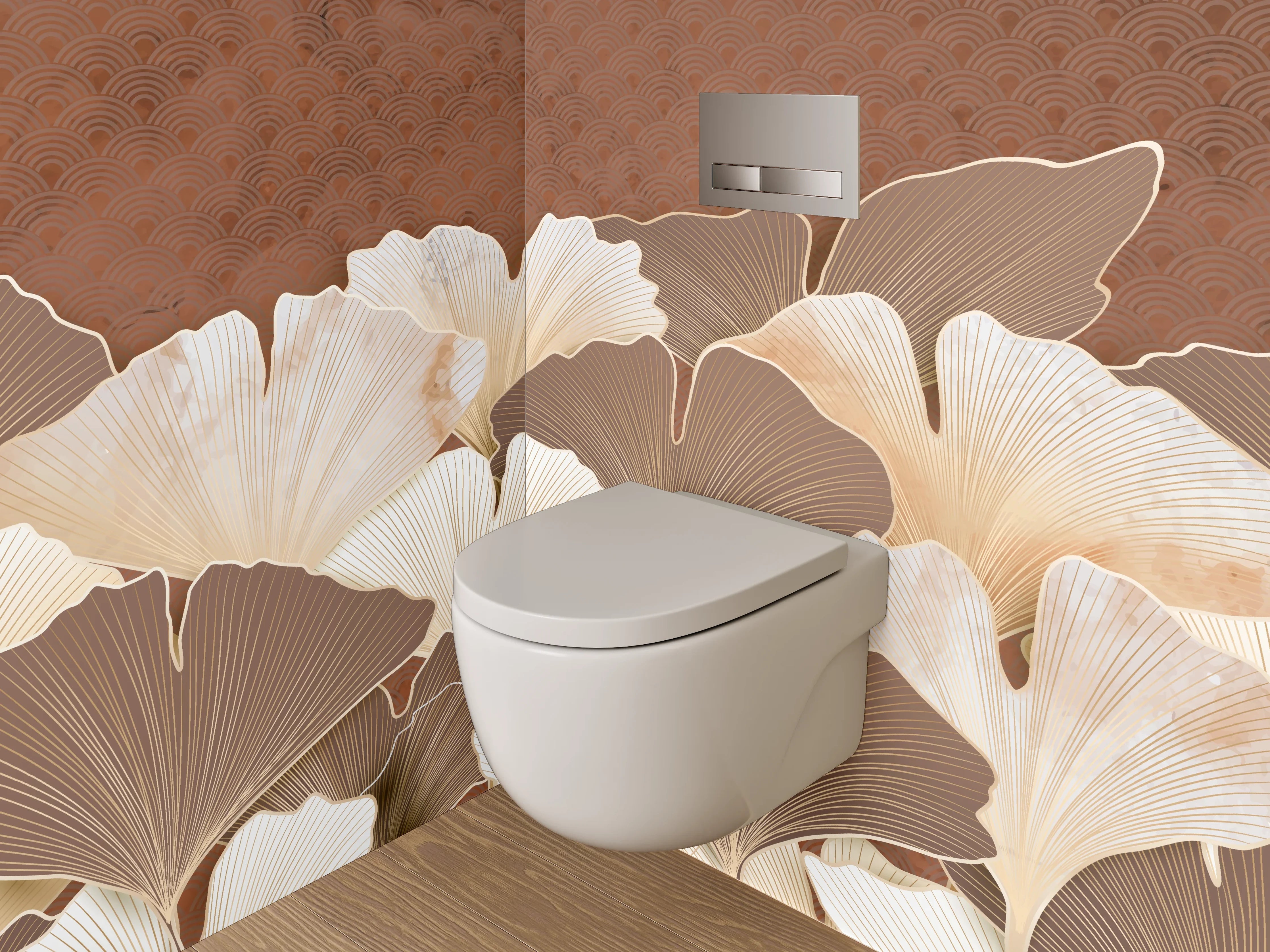 WC-Rückwand - Ginkgo Blätter Beige Braun Kunst