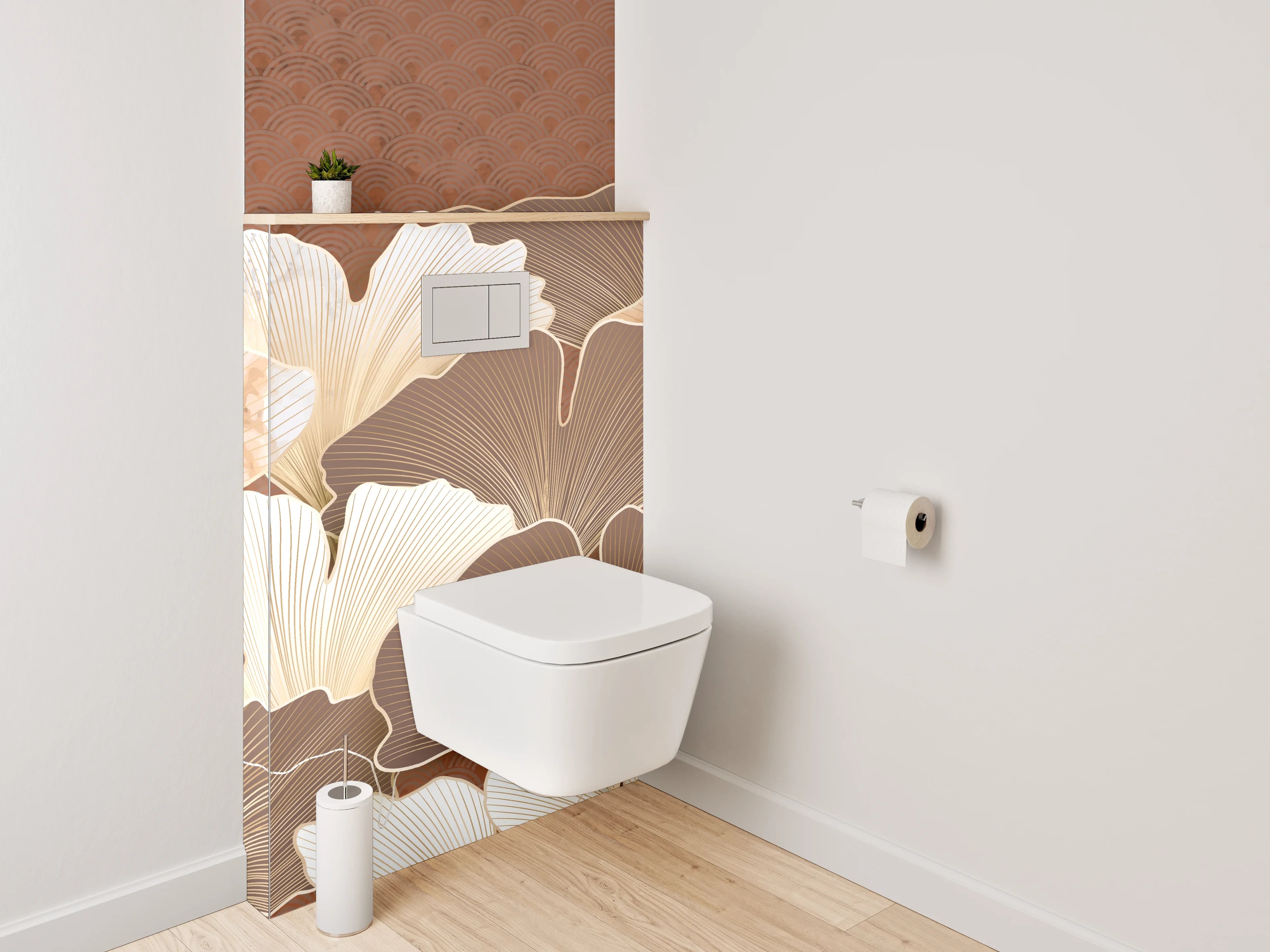 WC-Rückwand - Ginkgo Blätter Beige Braun Kunst