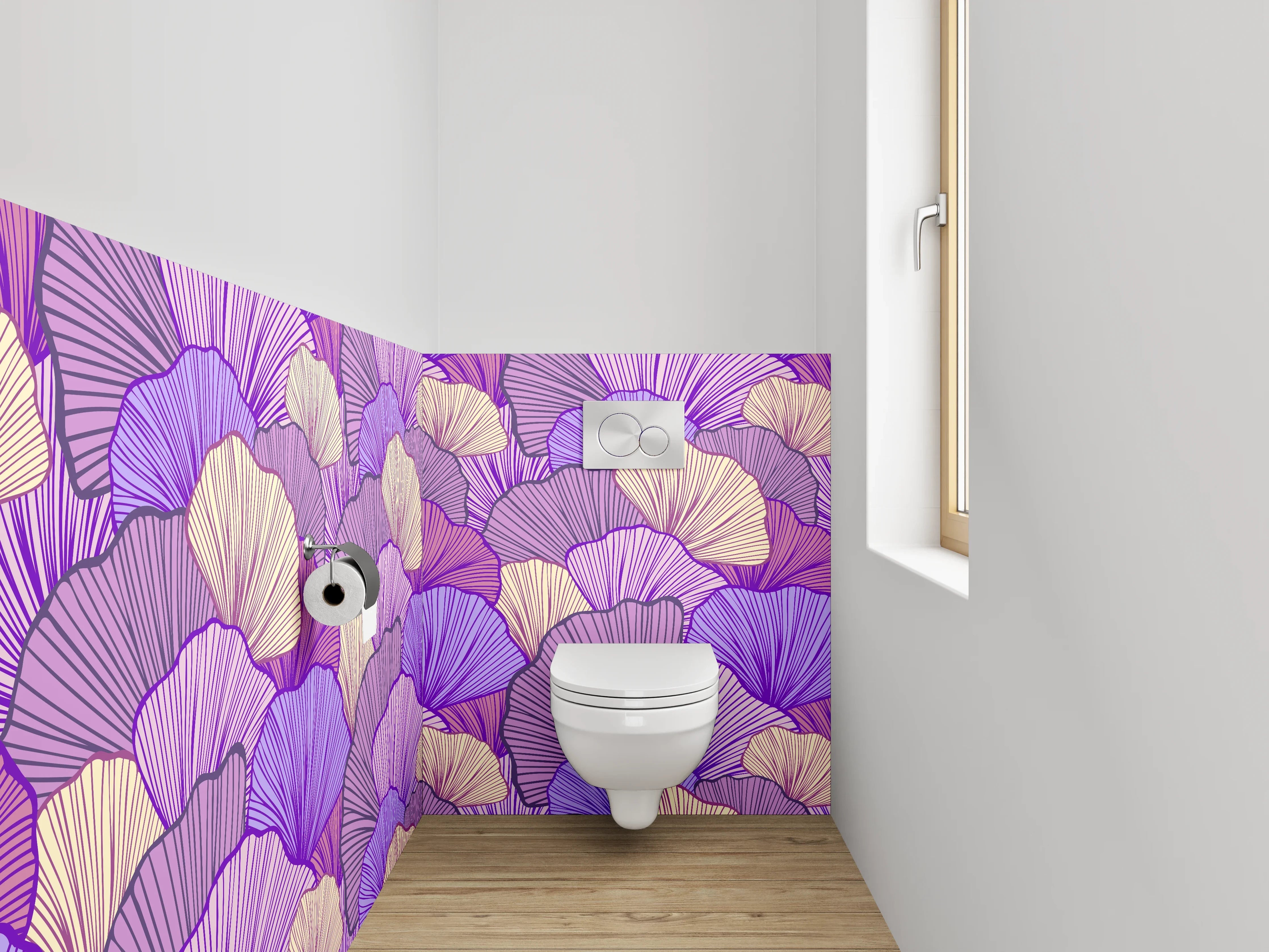 WC-Rückwand - Ginkgo-Blätter Muster Lila Beige